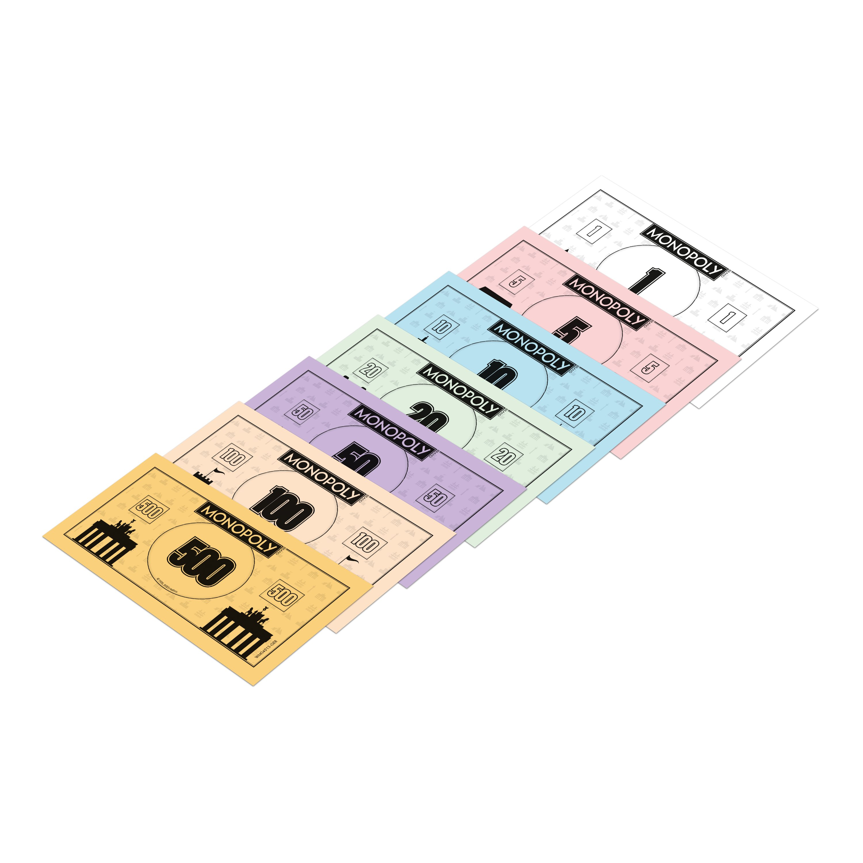 Monopoly-Geld in verschiedenen Farben mit Nennwerten von 1 bis 500.