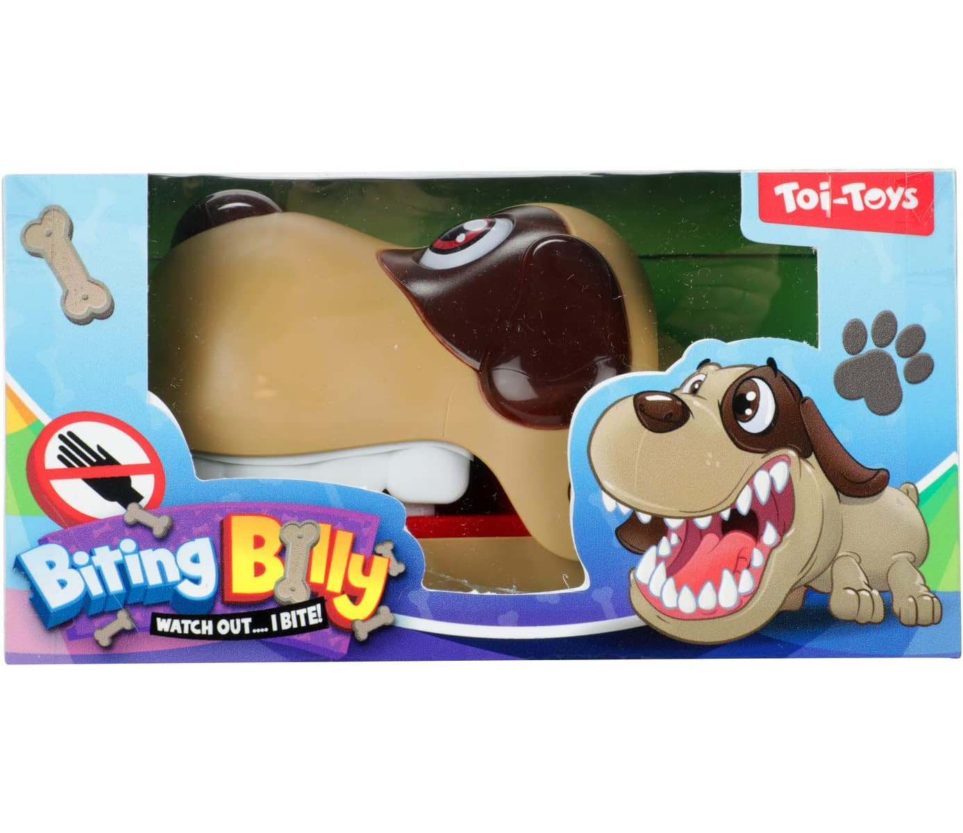 Eine Spielzeugkiste mit einem Cartoon-Hund namens 'Bissiger Billy' und einem Knochen.