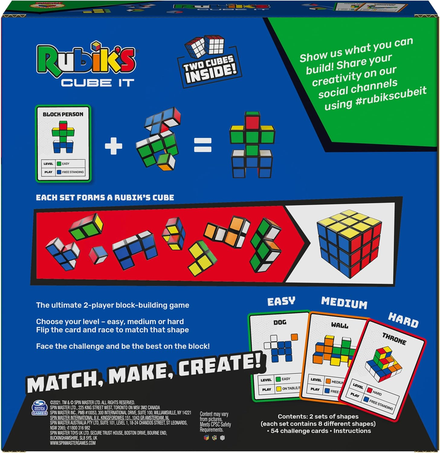 Rubik's Cube Spielbox mit Elementen des Spiels, einschließlich Karten und Würfeln.