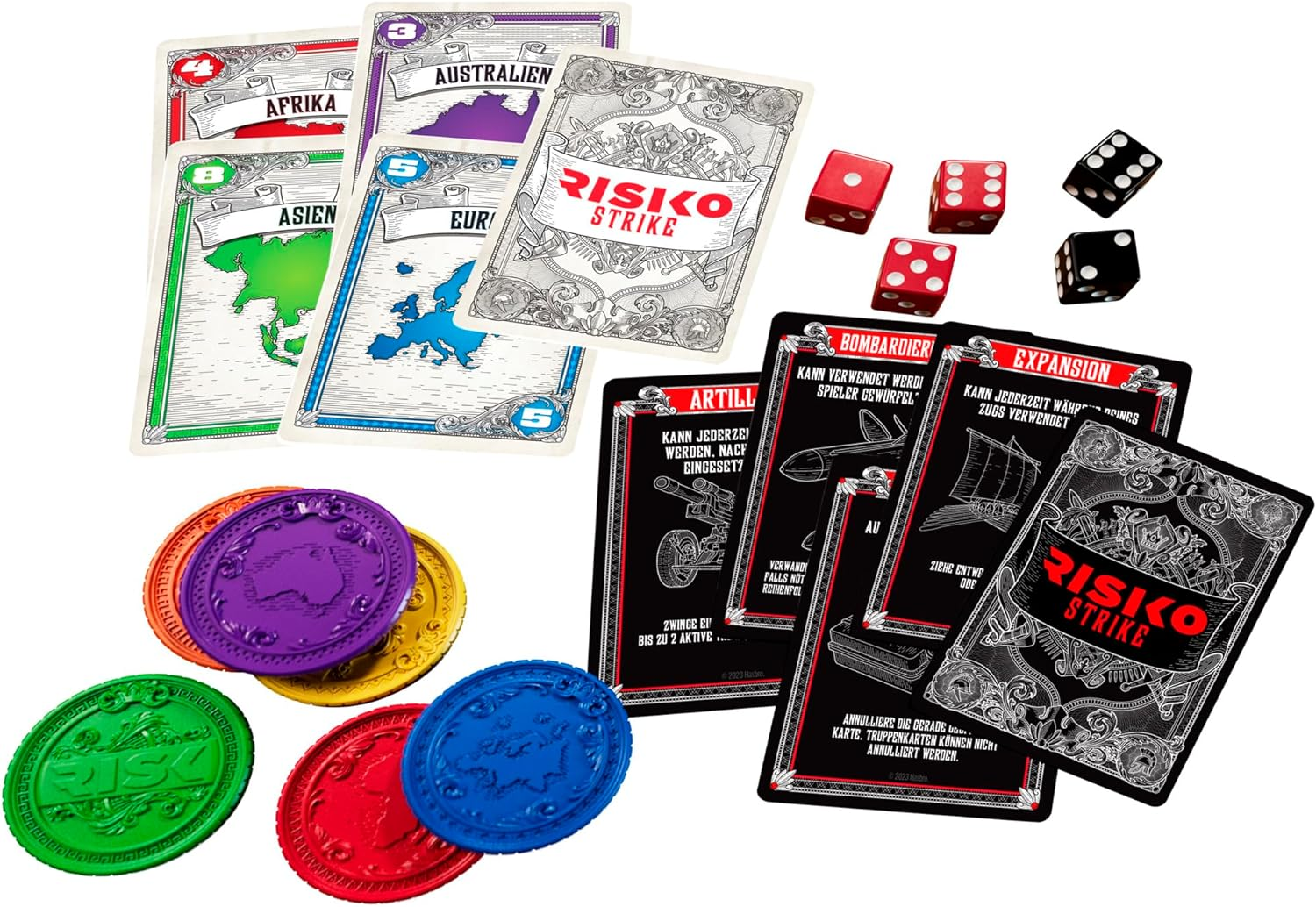 Risiko-Brettspiel mit Karten, Würfeln und Spielsteinen. Karten zeigen Karten und Anweisungen.