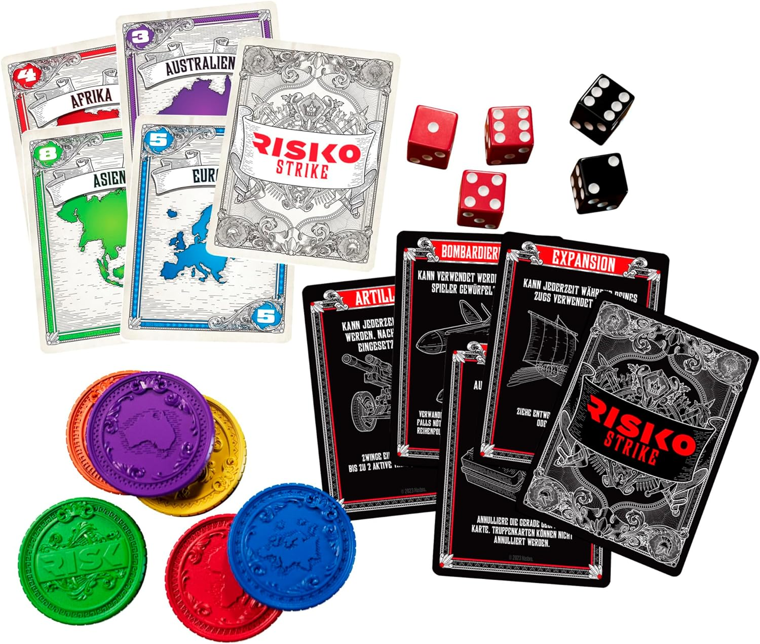 Risk-Brettspiel-Komponenten. Karten, Würfel und Spielsteine liegen auf weißem Untergrund.