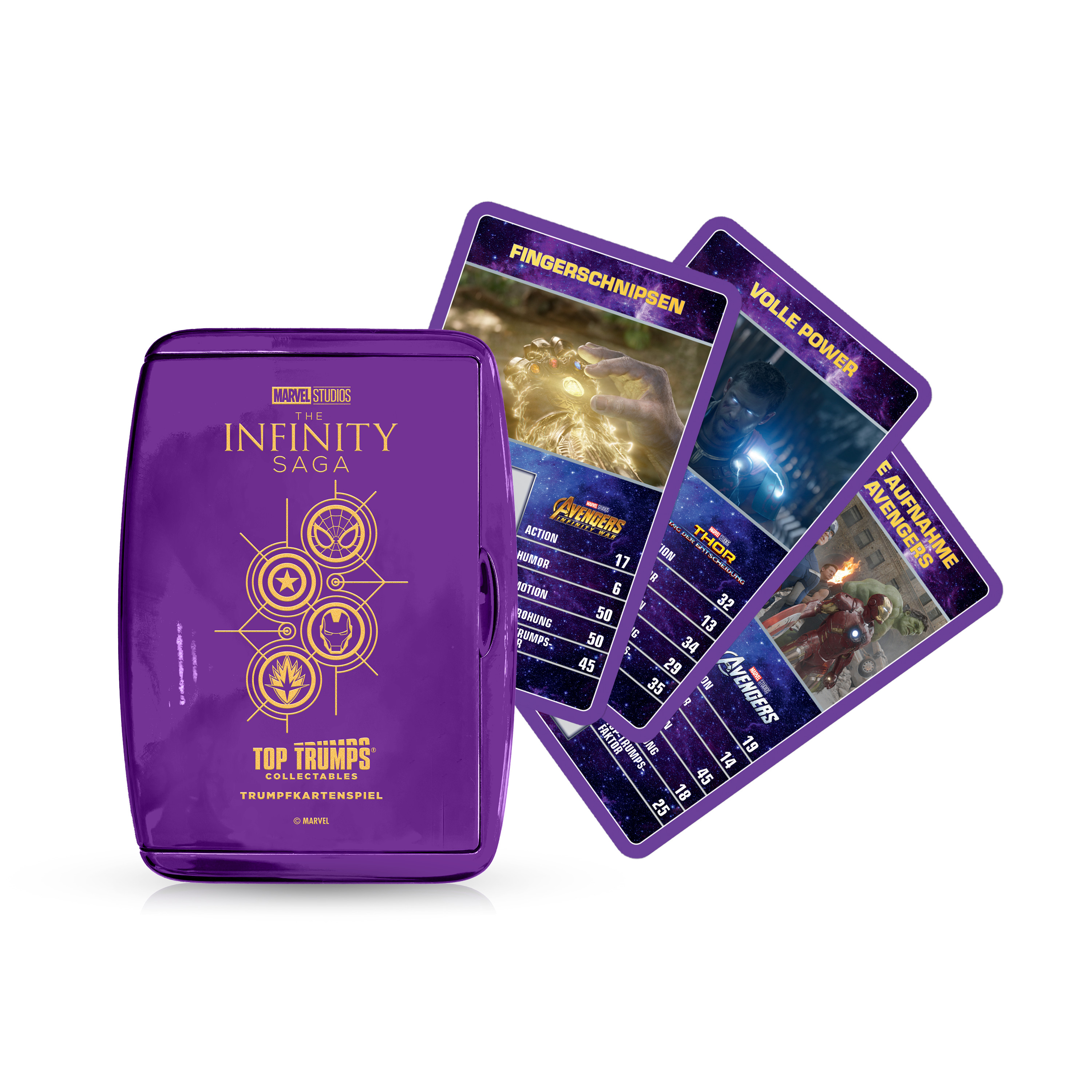 Marvel Top Trumps Kartenspielbox und Karten. Karten zeigen Avengers-Charaktere.