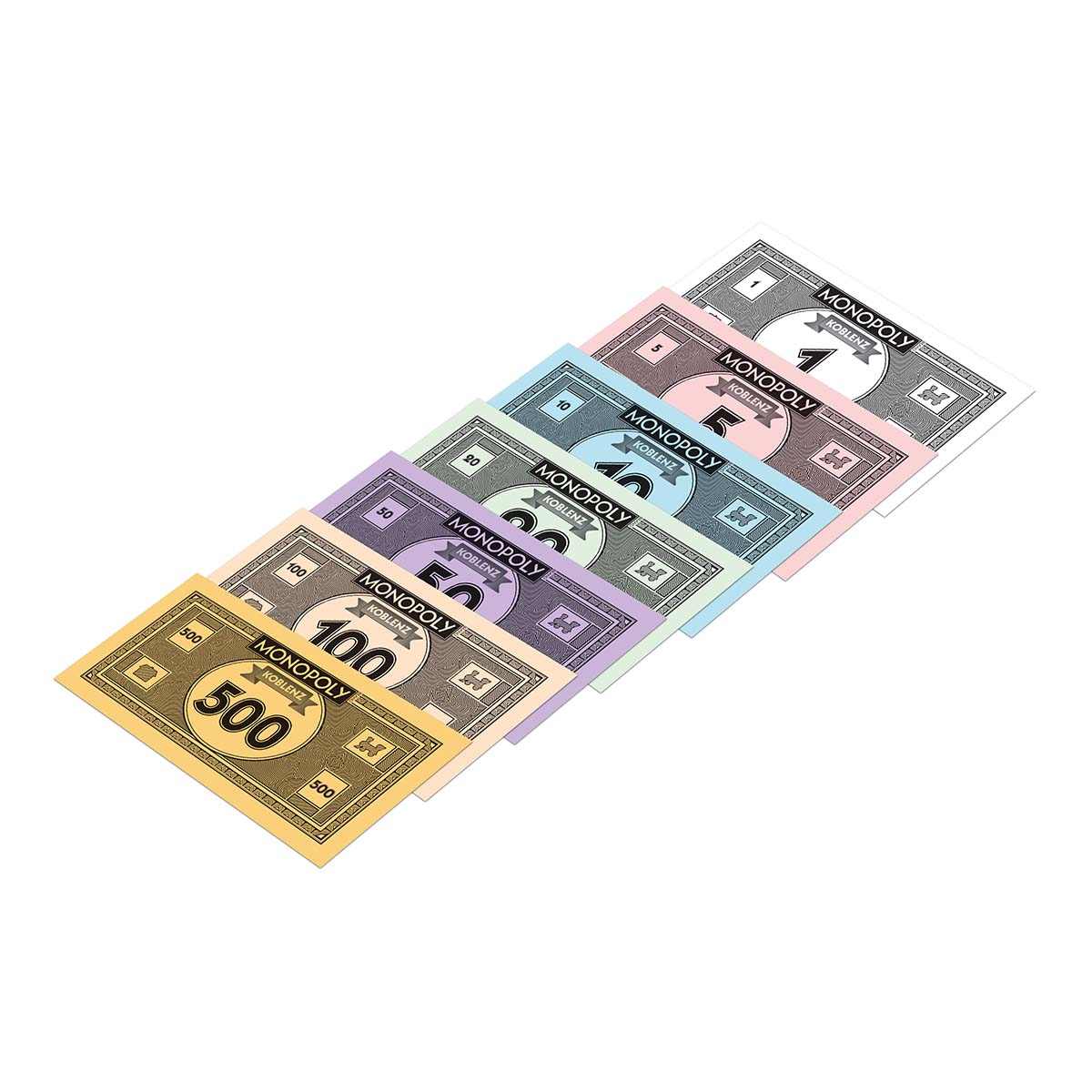 Monopoly-Geld in verschiedenen Farben, Stückelungen von 1, 5, 10, 50, 100, 500.