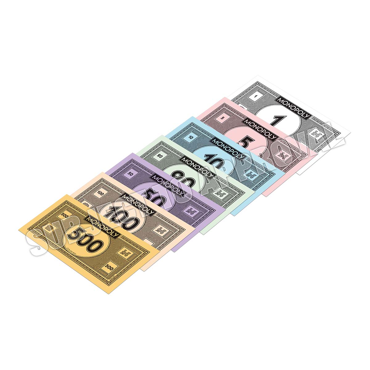 Monopoly-Geldscheine. Sechs verschiedenfarbige Scheine mit Werten von 1 bis 500. Weißer Hintergrund.
