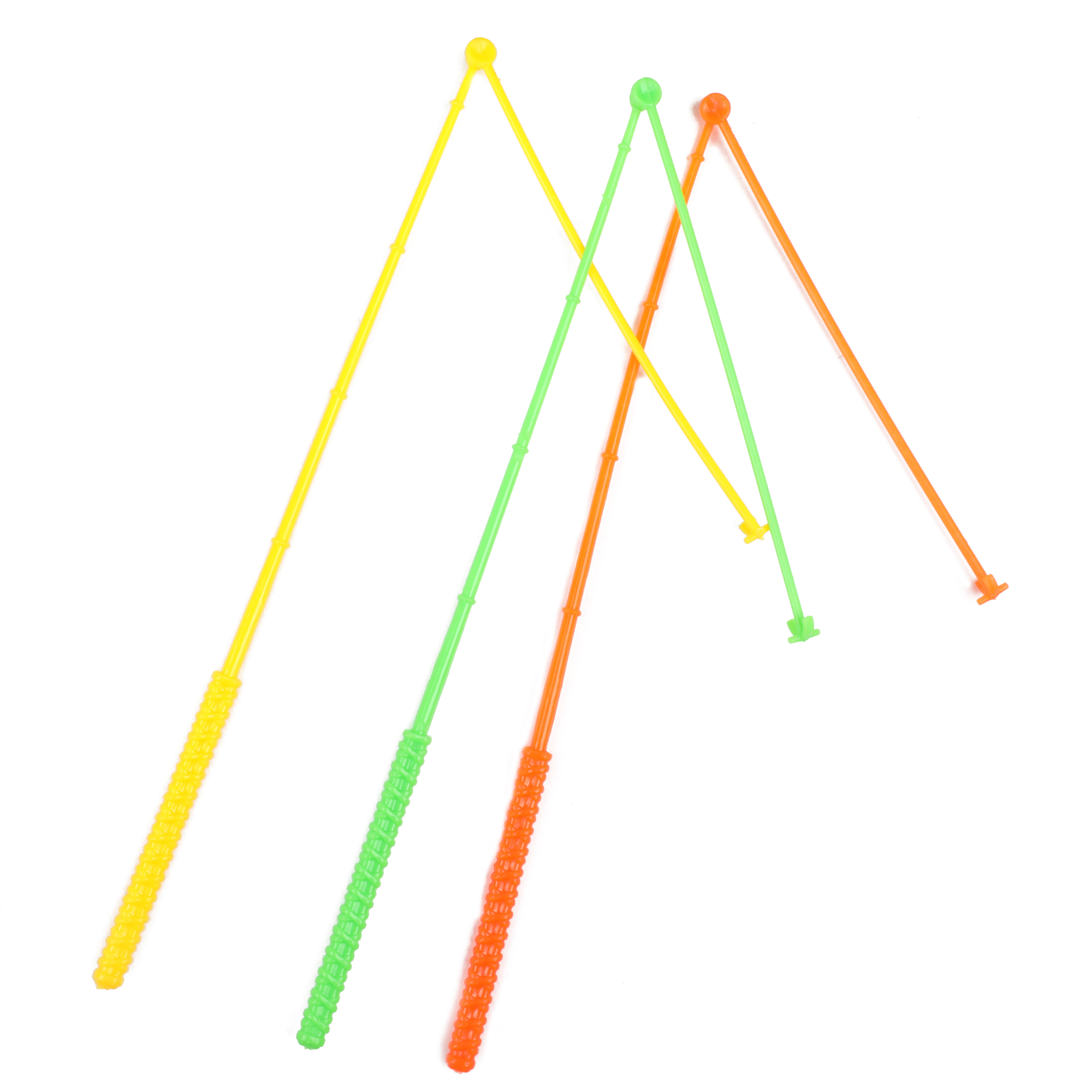 Vier bunte Zauberstäbe. Gelb, grün, orange. Jeder hat einen Griff und ein Oberteil.