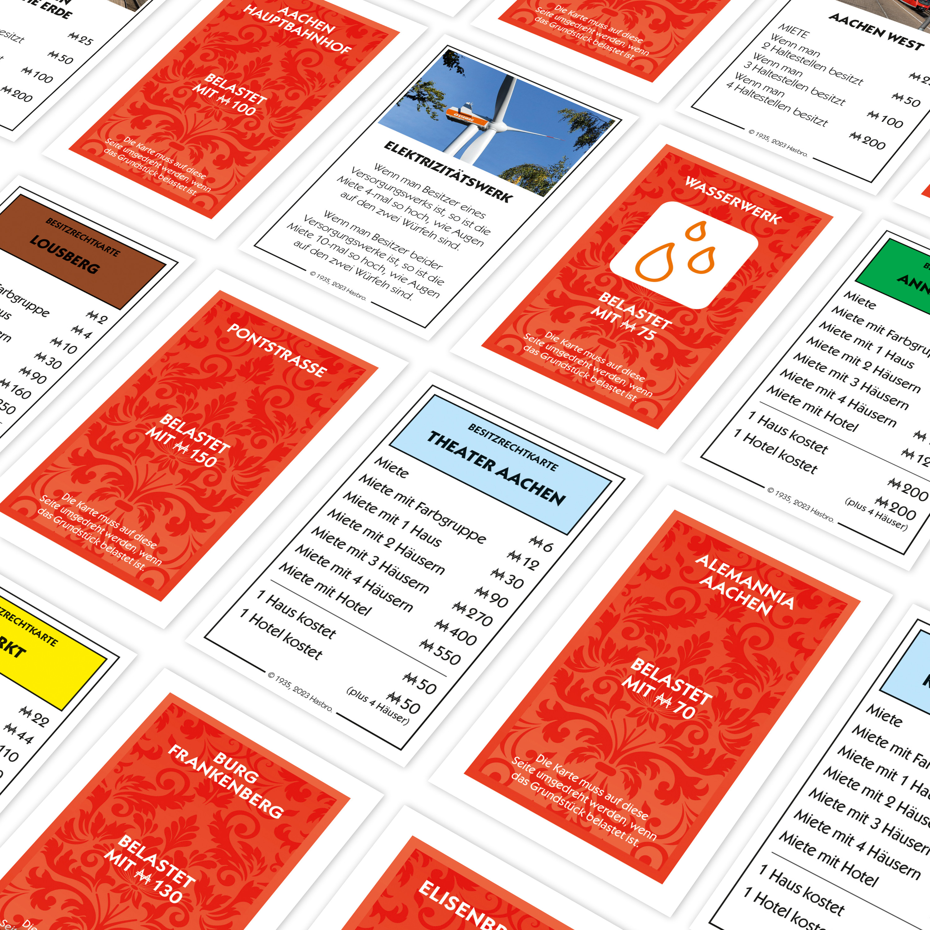 Monopoly Spielkarten auf Deutsch. Verschiedene Straßen und Ereigniskarten.