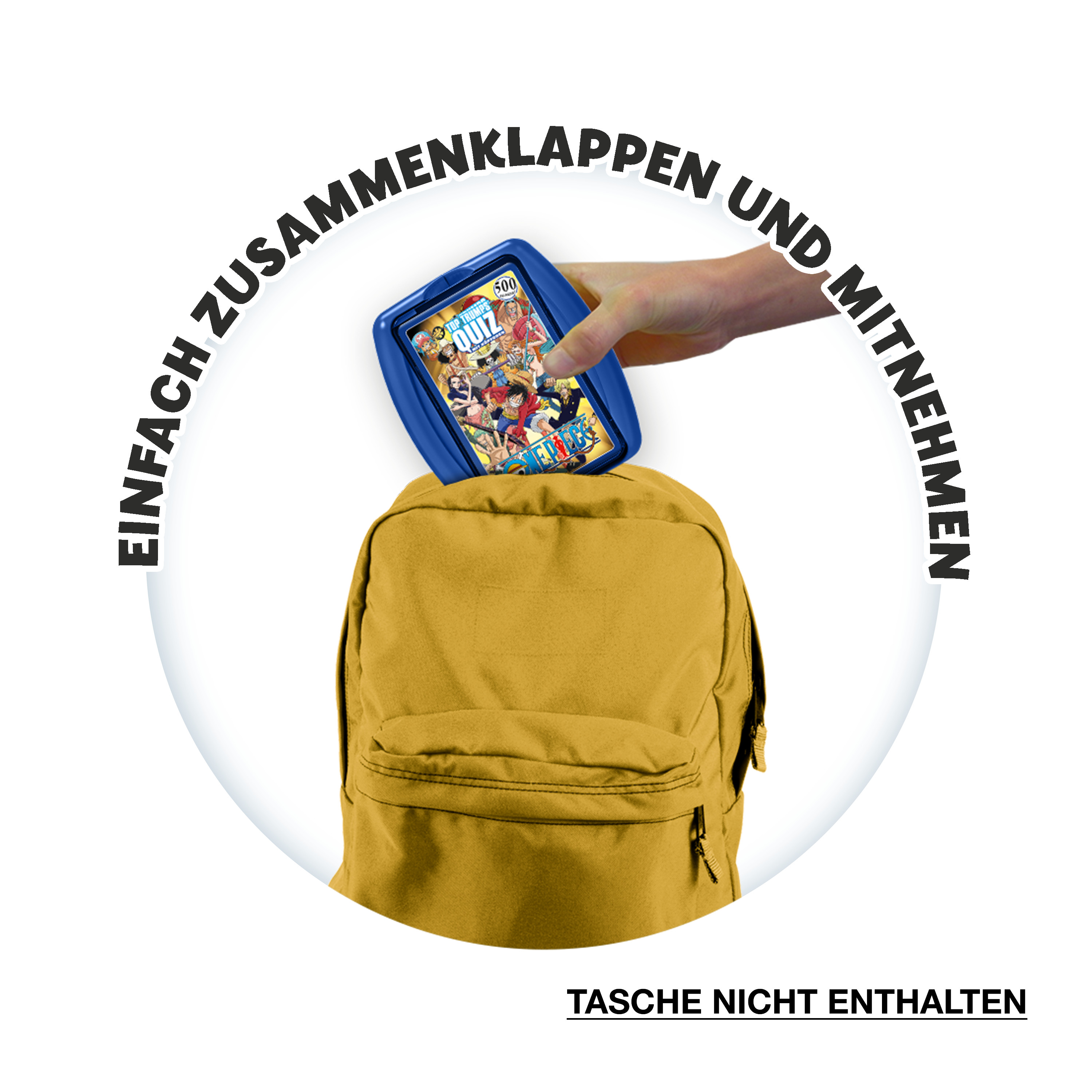 Eine blaue Handheld-Konsole wird in einen gelben Rucksack gelegt. Text umgibt das Bild.
