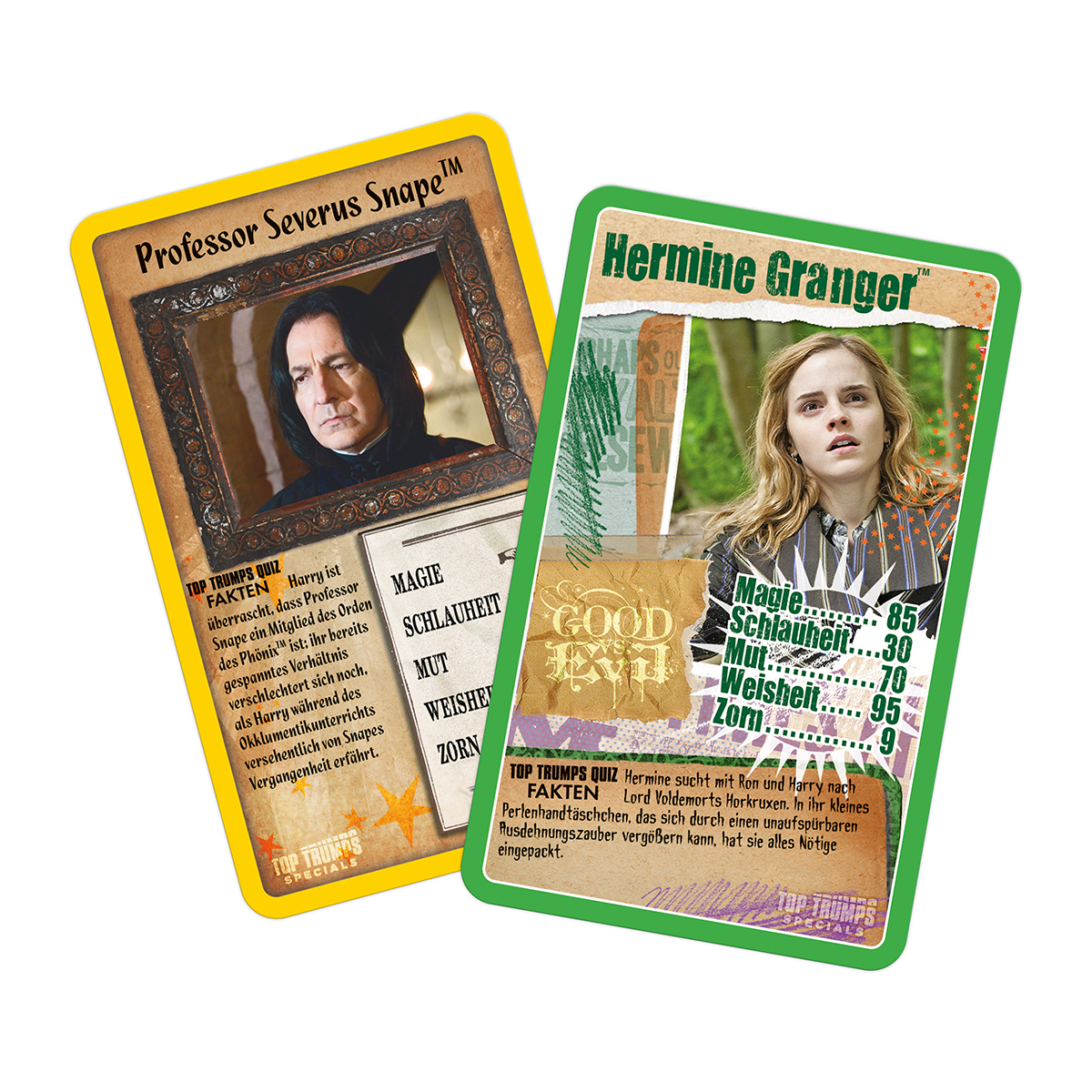 Zwei Harry Potter Top Trumps Karten. Professor Snape und Hermine Granger.