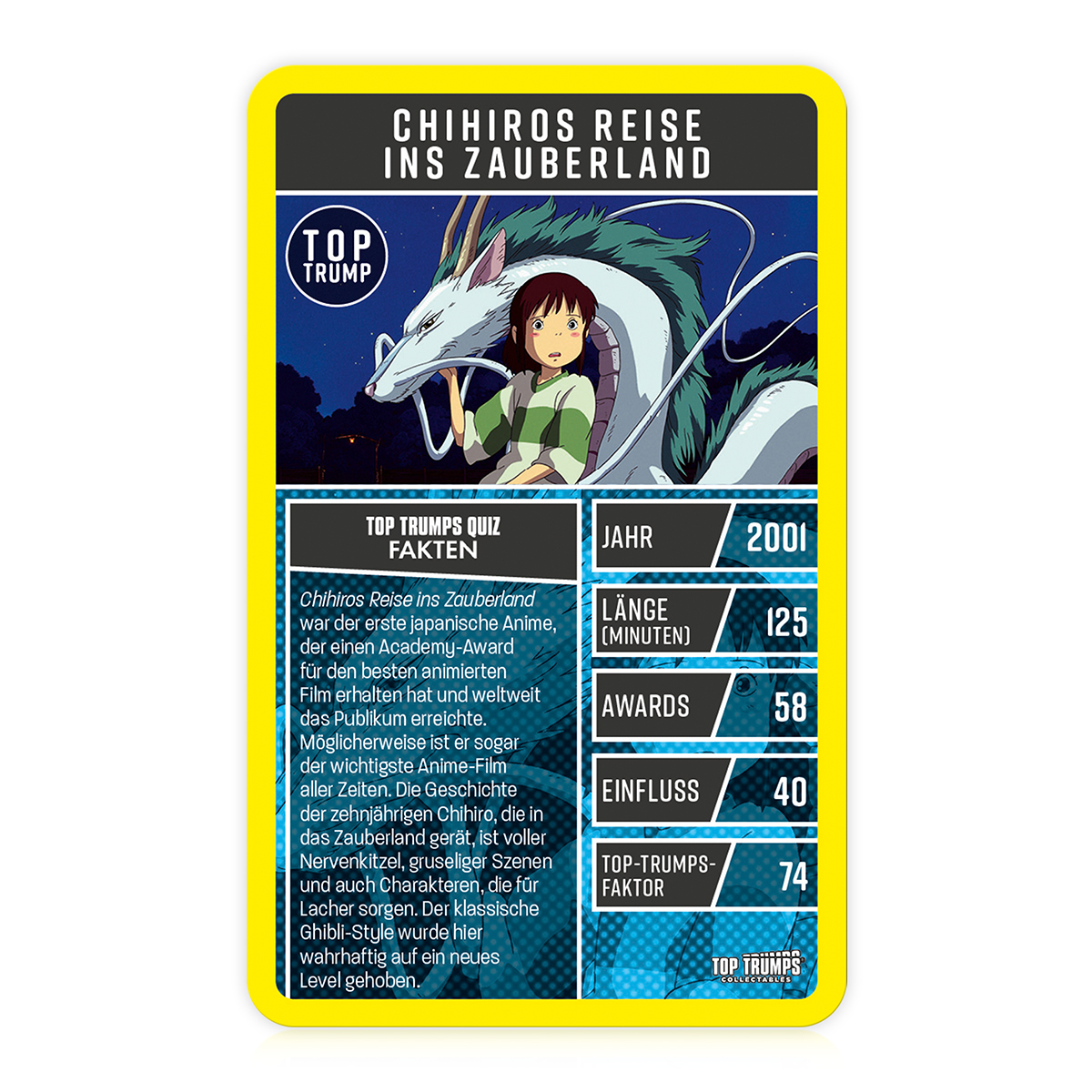 Top Trumps Karte. Spirited Away Thema. Zeigt Statistiken, japanischen Text und ein Bild.