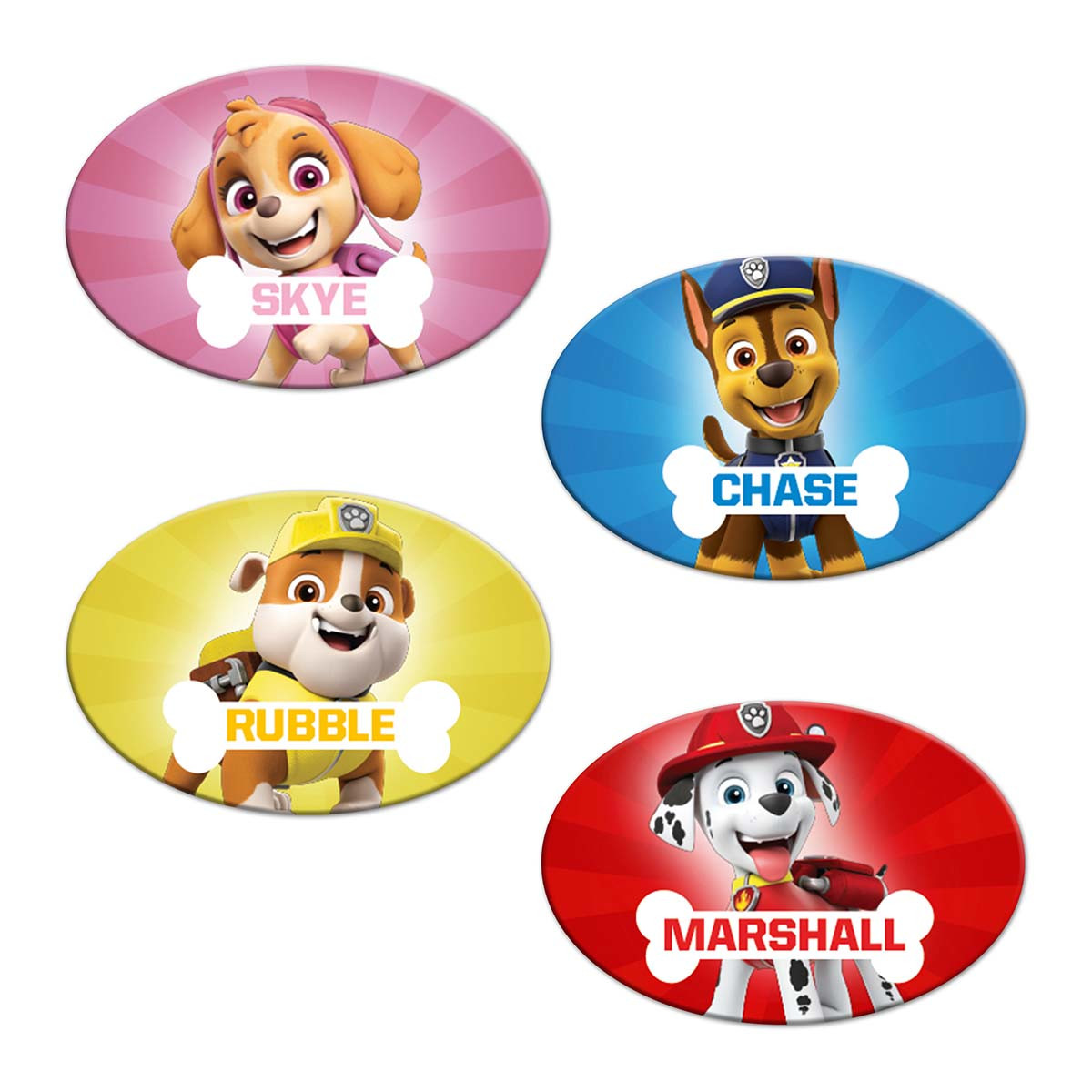 Vier Paw Patrol Charaktere auf ovalen Hintergründen. Skye, Chase, Rubble und Marshall.
