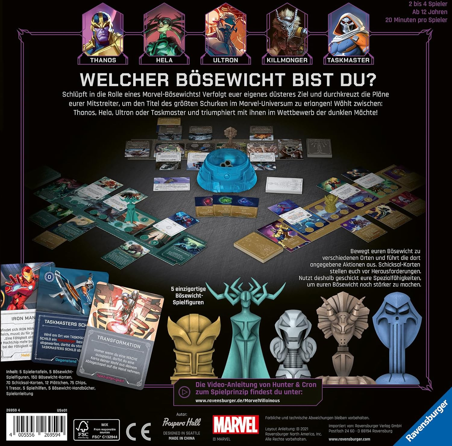 Brettspielbox mit Marvel-Bösewichten. Zeigt Spielkomponenten und Charaktere wie Thanos und Hela.