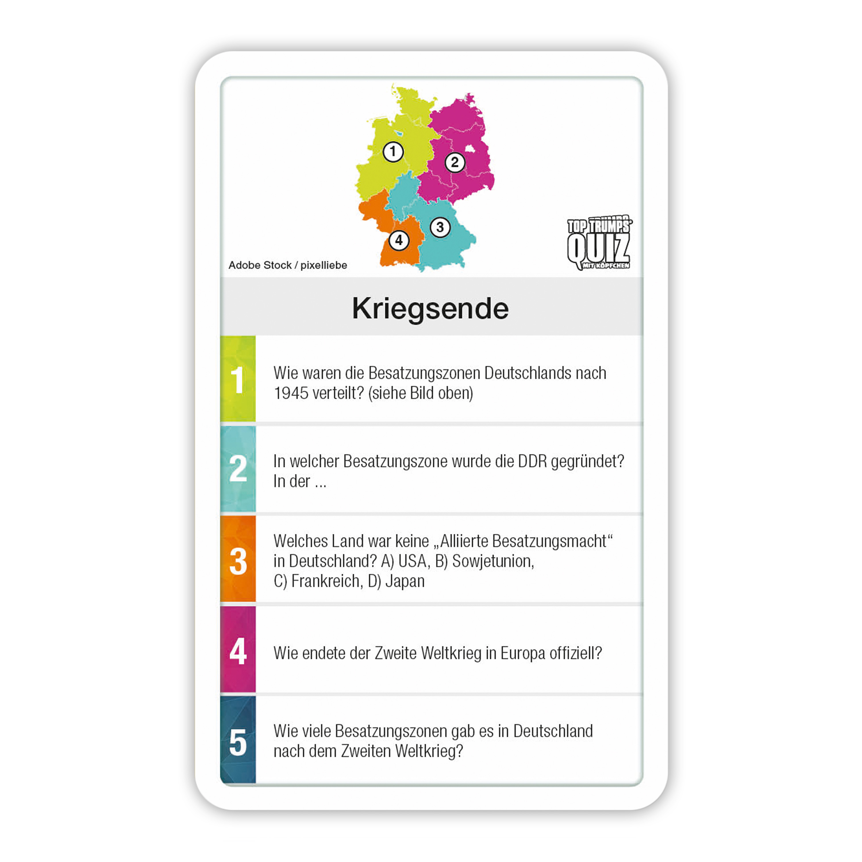 Eine Spielkarte mit Fragen über das Deutschland nach dem Zweiten Weltkrieg. Sie zeigt eine Karte mit Zonen und Text.