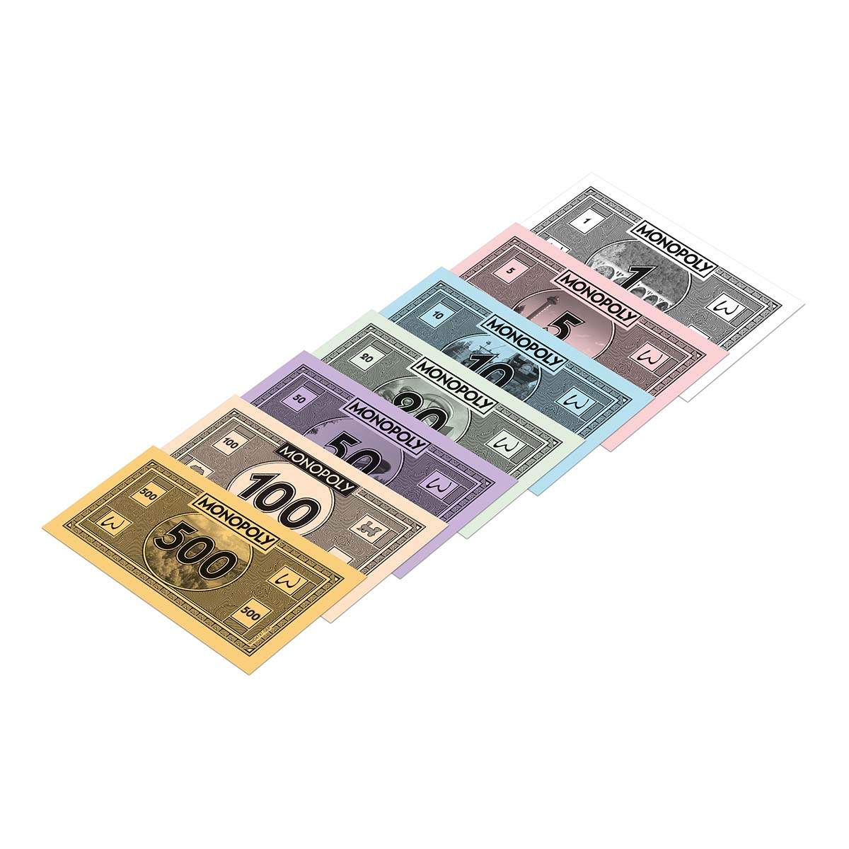 Monopoly-Geld in verschiedenen Farben: 1 $, 5 $, 10 $, 20 $, 50 $, 100 $ und 500 $.