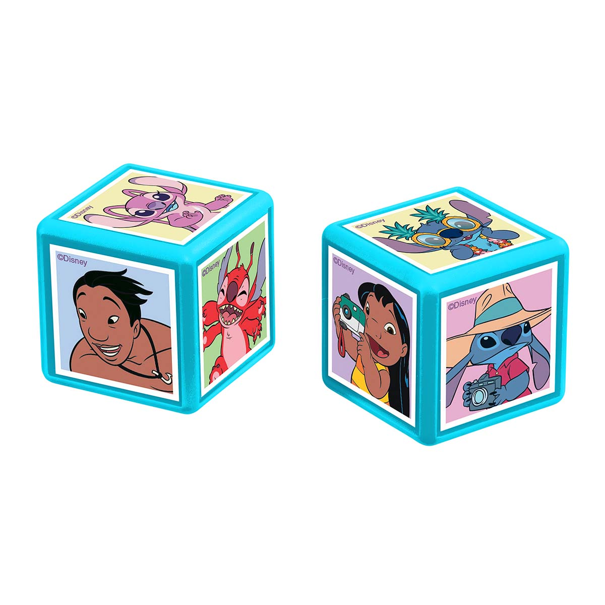 Zwei blaue Würfel mit Lilo & Stitch-Figuren auf ihren Gesichtern. Jede Seite hat eine andere Figur.