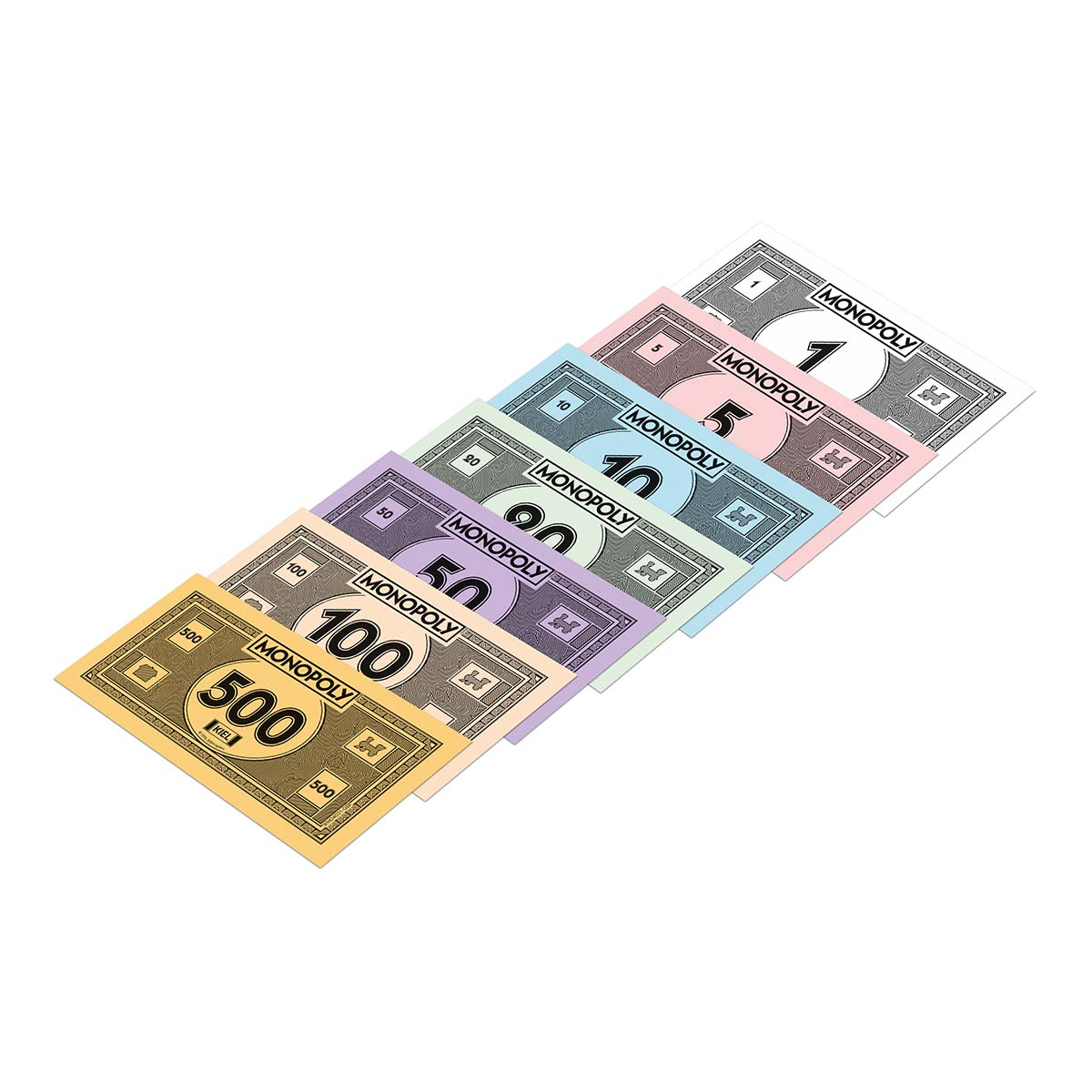 Monopoly-Geld, verschiedene Stückelungen aufgefächert. Enthält 1, 5, 10, 20, 50 und 100 Scheine.