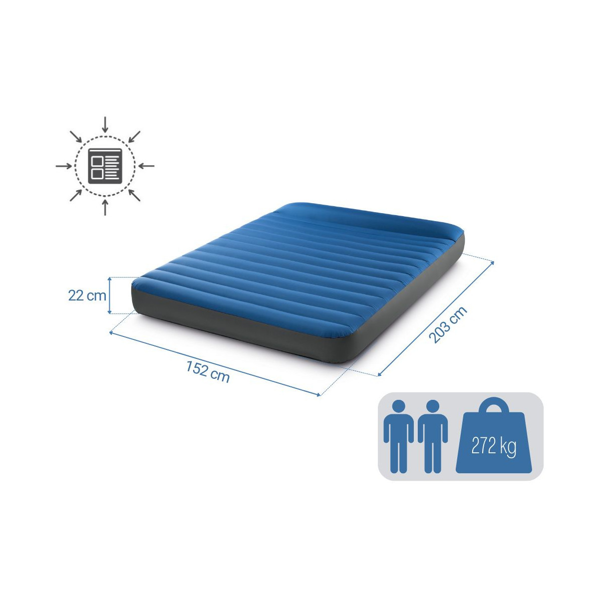 Blauw en grijs luchtbed met afmetingen en een pictogram voor de gewichtscapaciteit, geïsoleerd.