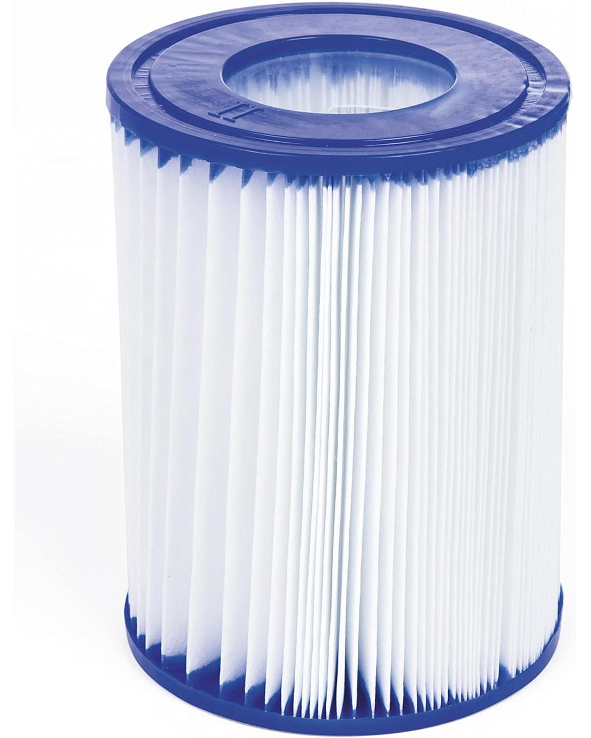Ein zylindrischer Filter mit weißem, plissiertem Papier und blauen Endkappen.