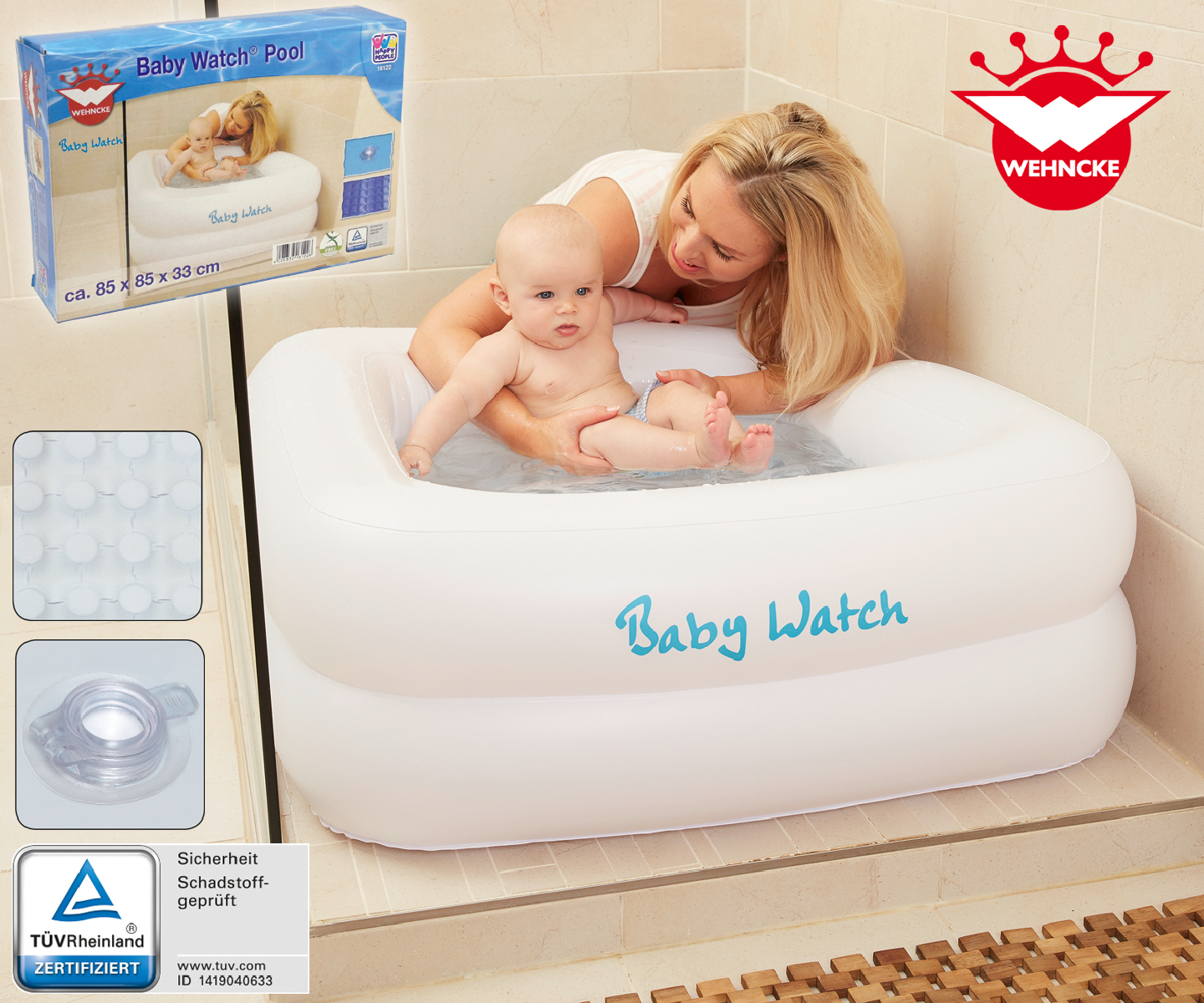 Eine Frau und ein Baby in einem aufblasbaren Babybad. Verpackung und ein offenes Ventil sind im Hintergrund.