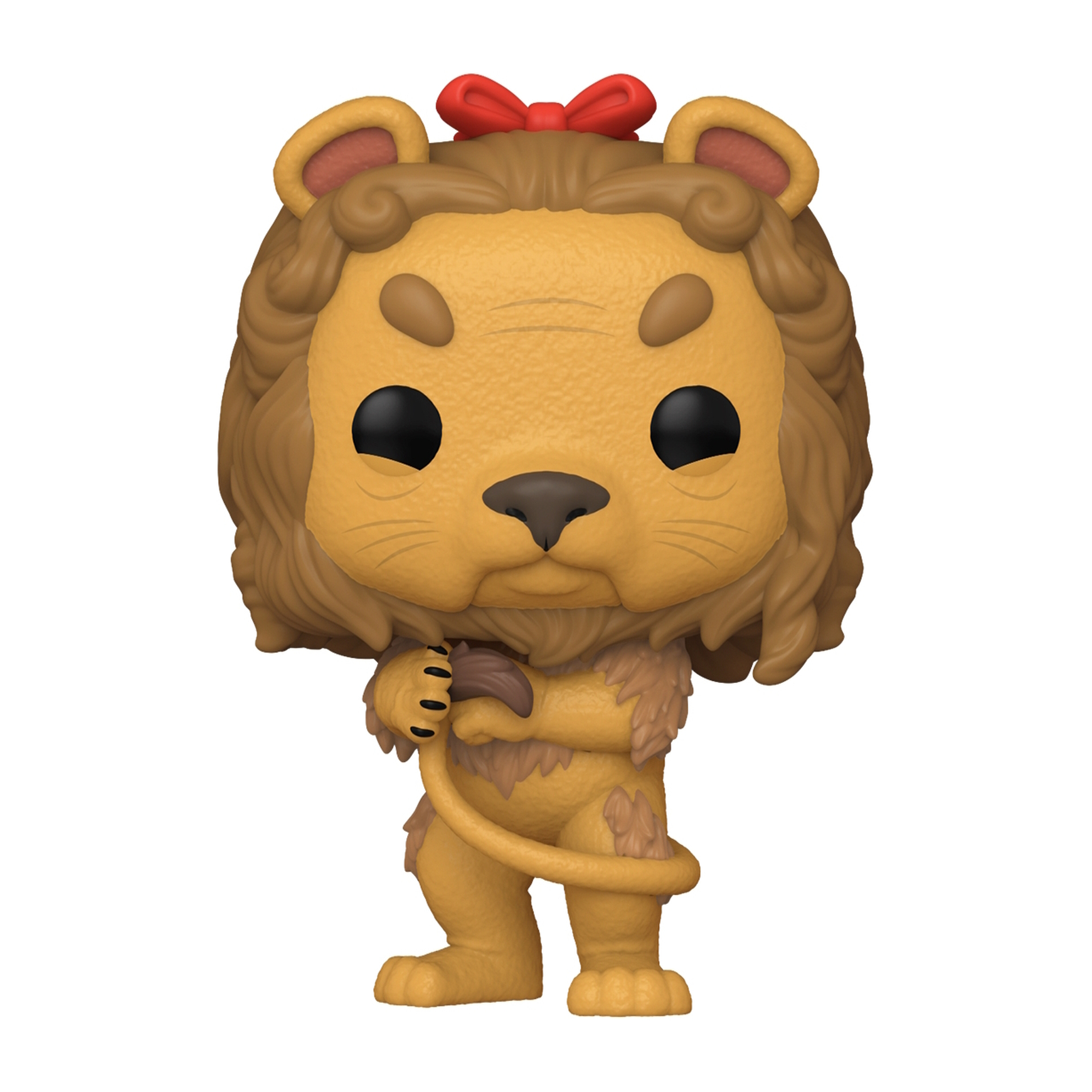 Figura Funko Pop de león de El Mago de Oz. Pelo amarillo, lazo rojo, cola, fondo blanco.