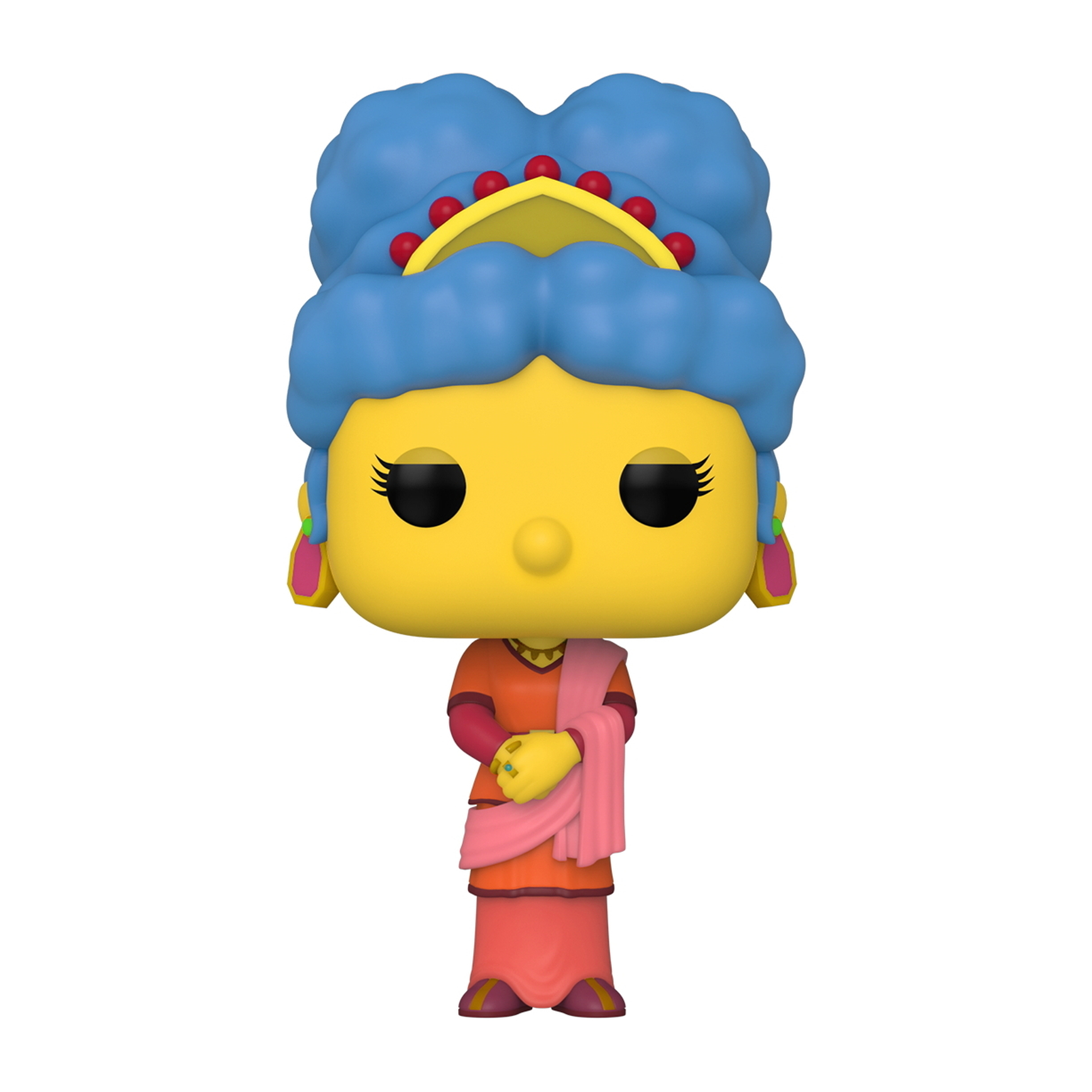 Figurina di Marge Simpson, pelle gialla, capelli blu, vestito rosa, gioielli.