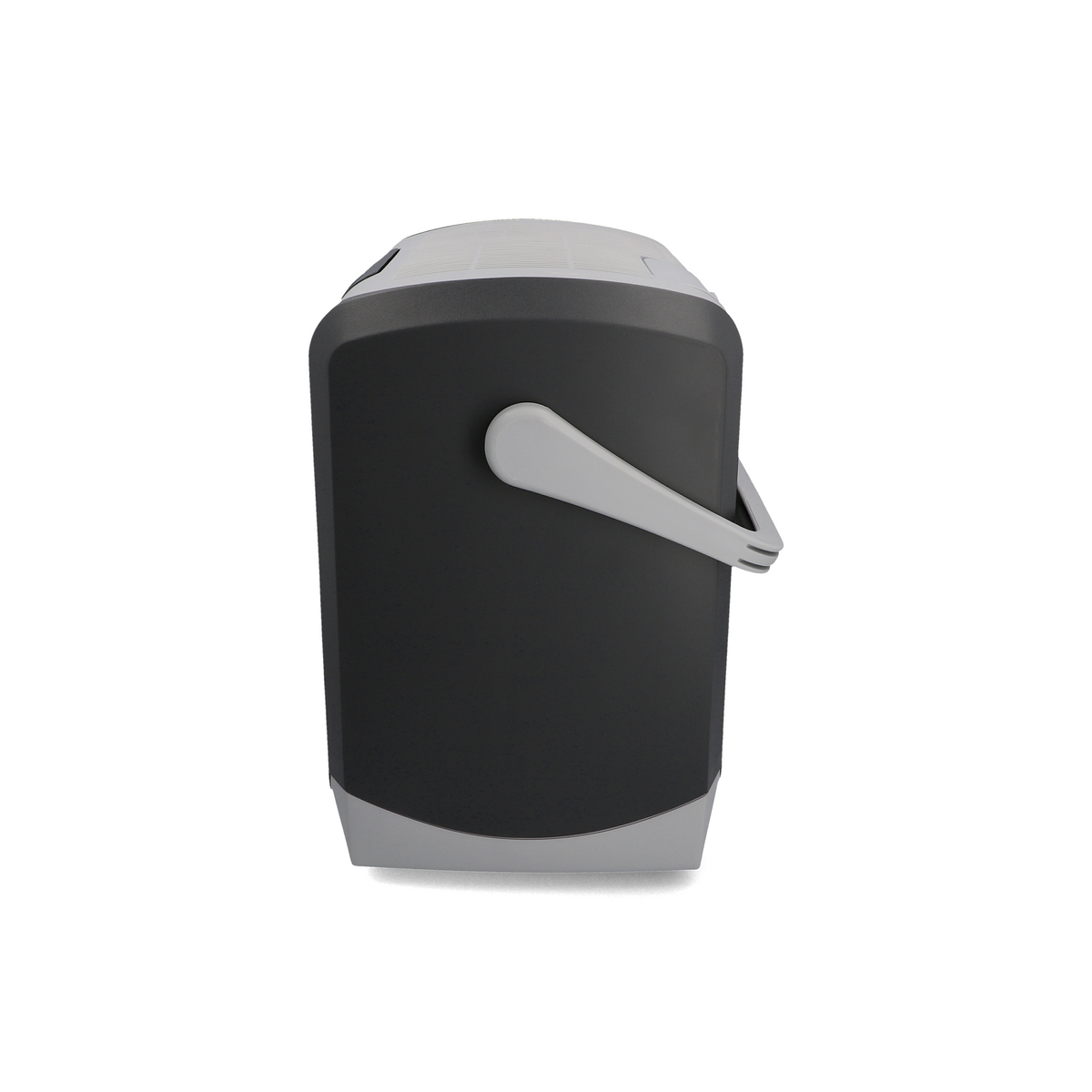 Schwarze und graue Kühlbox mit Griff. Seitenansicht. Weißer Hintergrund.