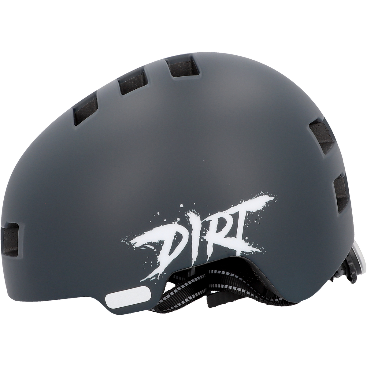 Ein grauer Dirtbike-Helm mit weißem 'DIRT'-Logo. Es ist an den Seiten schwarz.