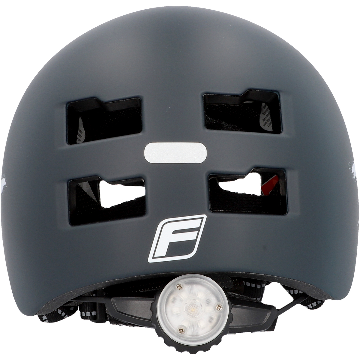 Ein dunkelgrauer Fahrradhelm mit Licht hinten. Weißes Logo auf der Vorderseite.