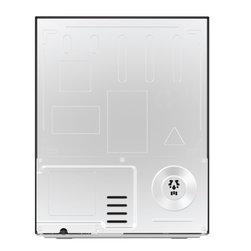 Parte trasera de un congelador. Es rectangular, blanco y tiene varios detalles de ventilación y puerto.