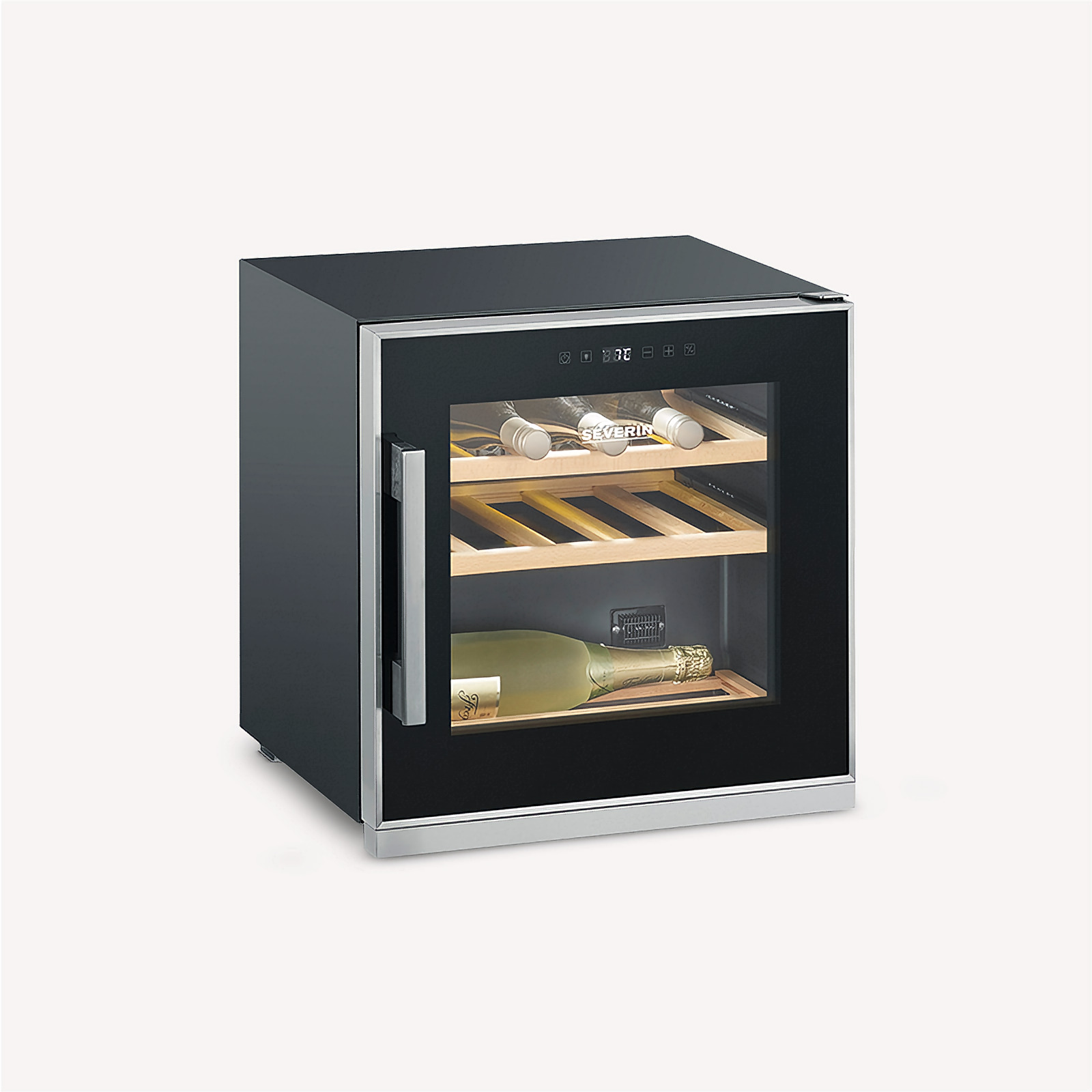 Piccola cantinetta nera con porta a vetro, ripiani in legno, due bottiglie.