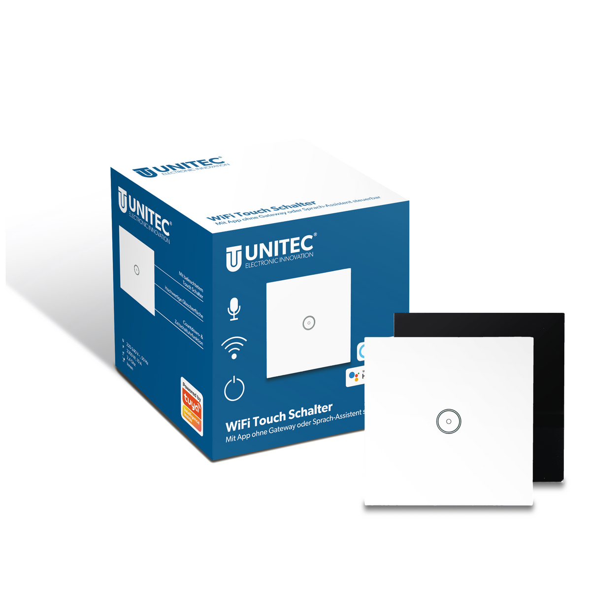 Ein verpackter WiFi Touch Schalter mit zwei zusätzlichen Schaltern und weißem Hintergrund.