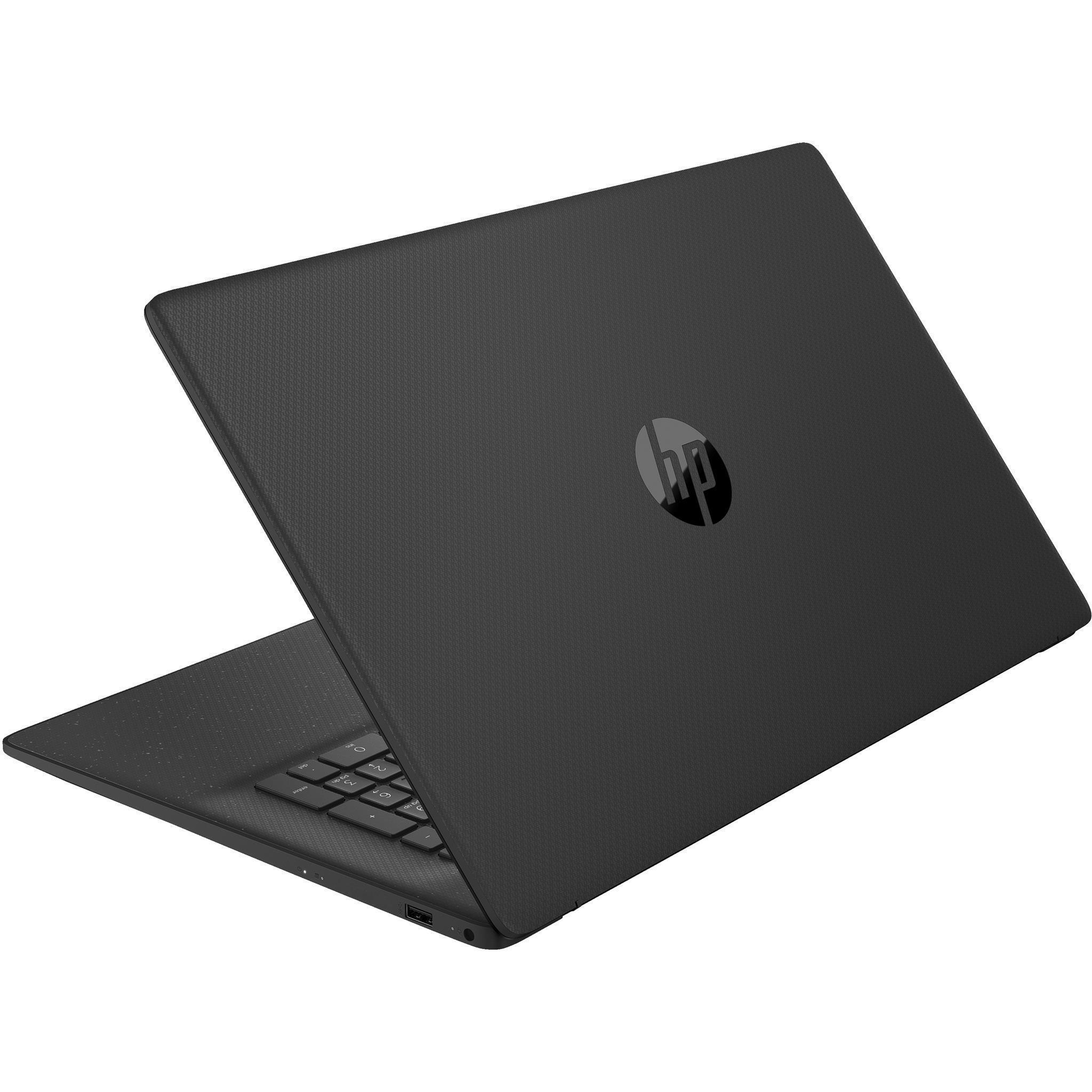 Schwarzer Laptop, angewinkelt geöffnet, mit sichtbarem HP-Logo. Eine Tastatur ist sichtbar. Weißer Hintergrund.