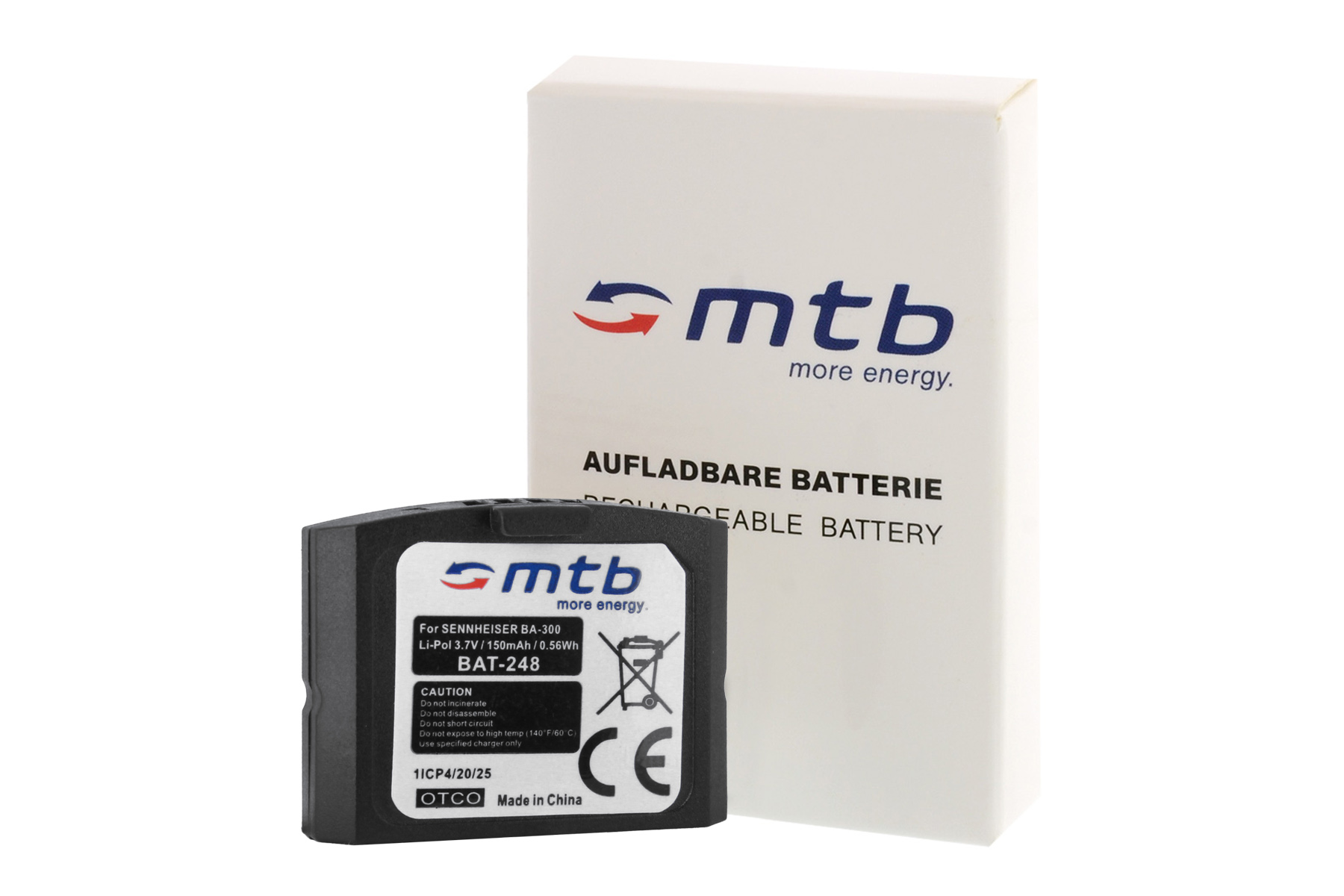 Schwarze Batterie und weiße Box. Die Box hat Text. Der Hintergrund ist weiß.
