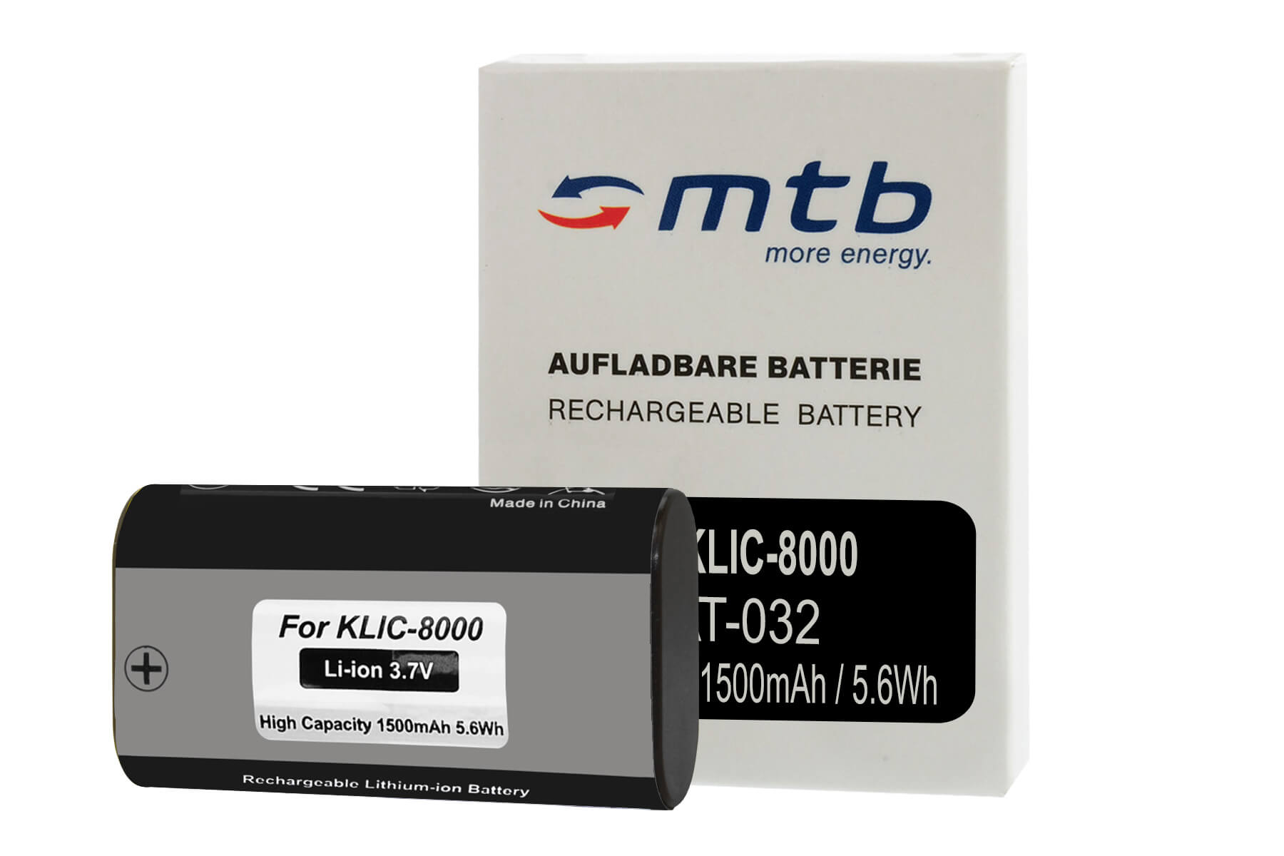 Schwarzer Akku mit weißer Box. Text: Akku, 1500mAh 5,6Wh, KLiC-8000.