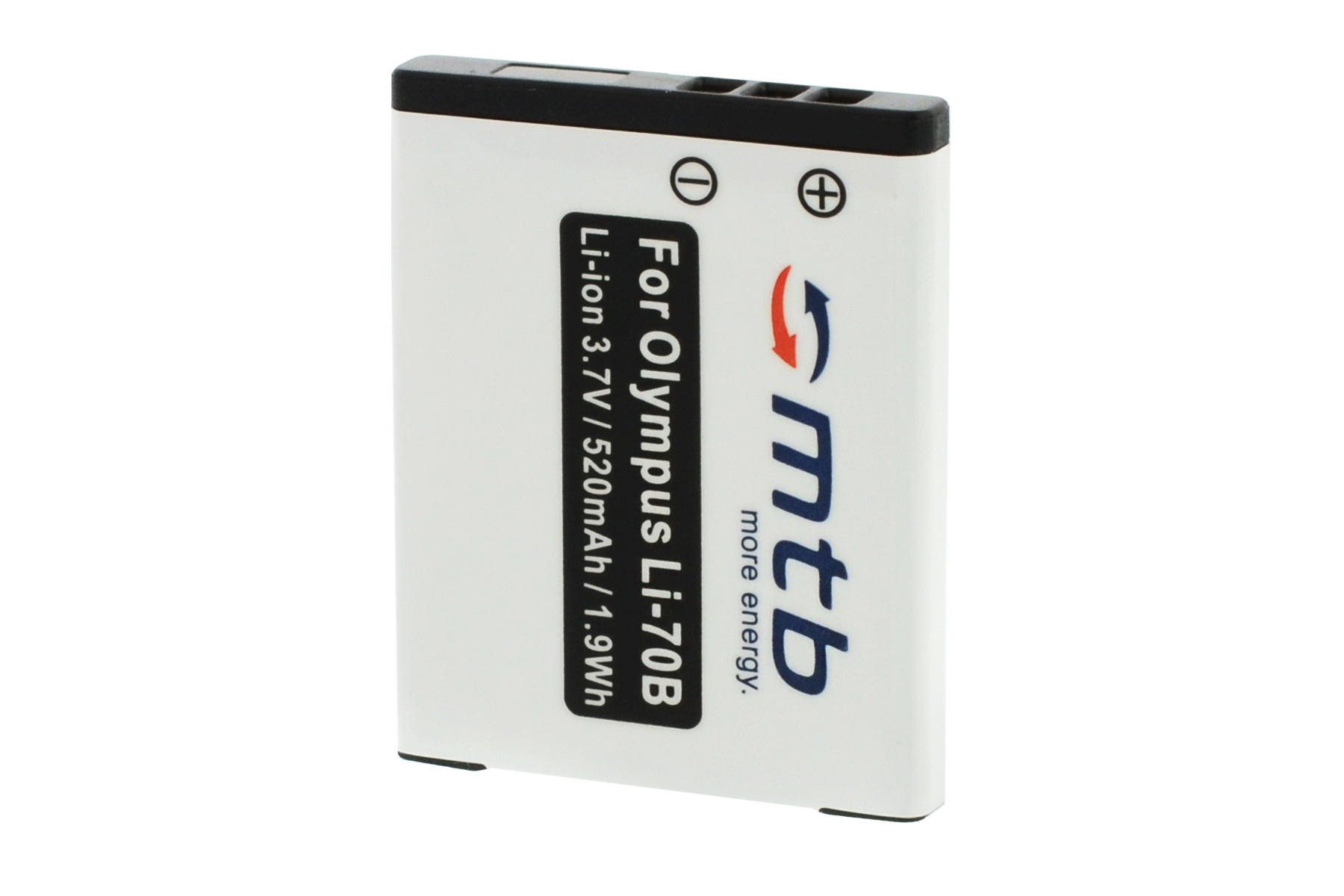 Eine weiße Batterie mit schwarzem Text und einem kreisförmigen Pfeil. Sie befindet sich auf weißem Hintergrund.