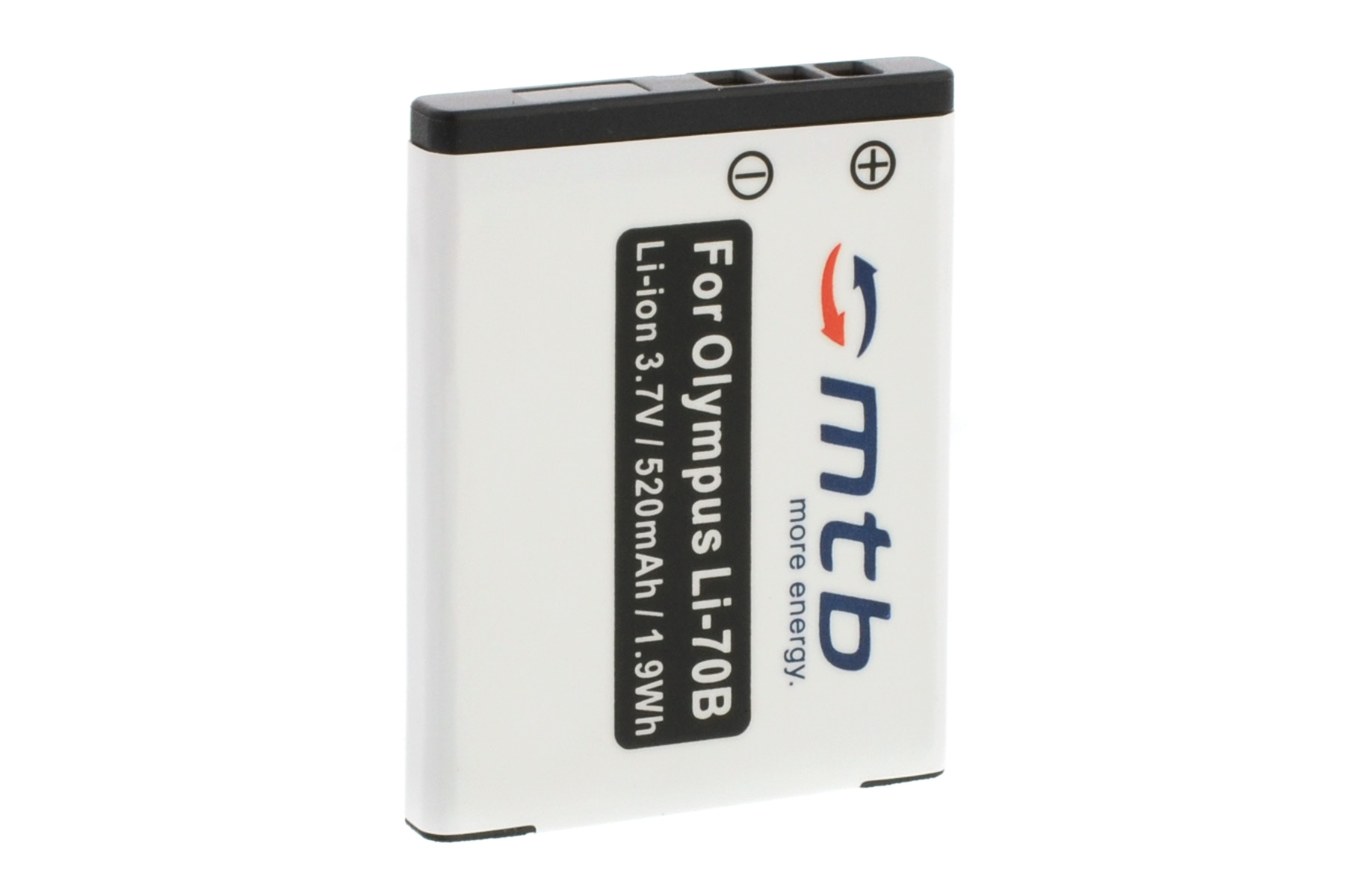 Eine weiße und schwarze Batterie mit Text: 'For Olympus Li-70B' und der Marke 'mtb'.