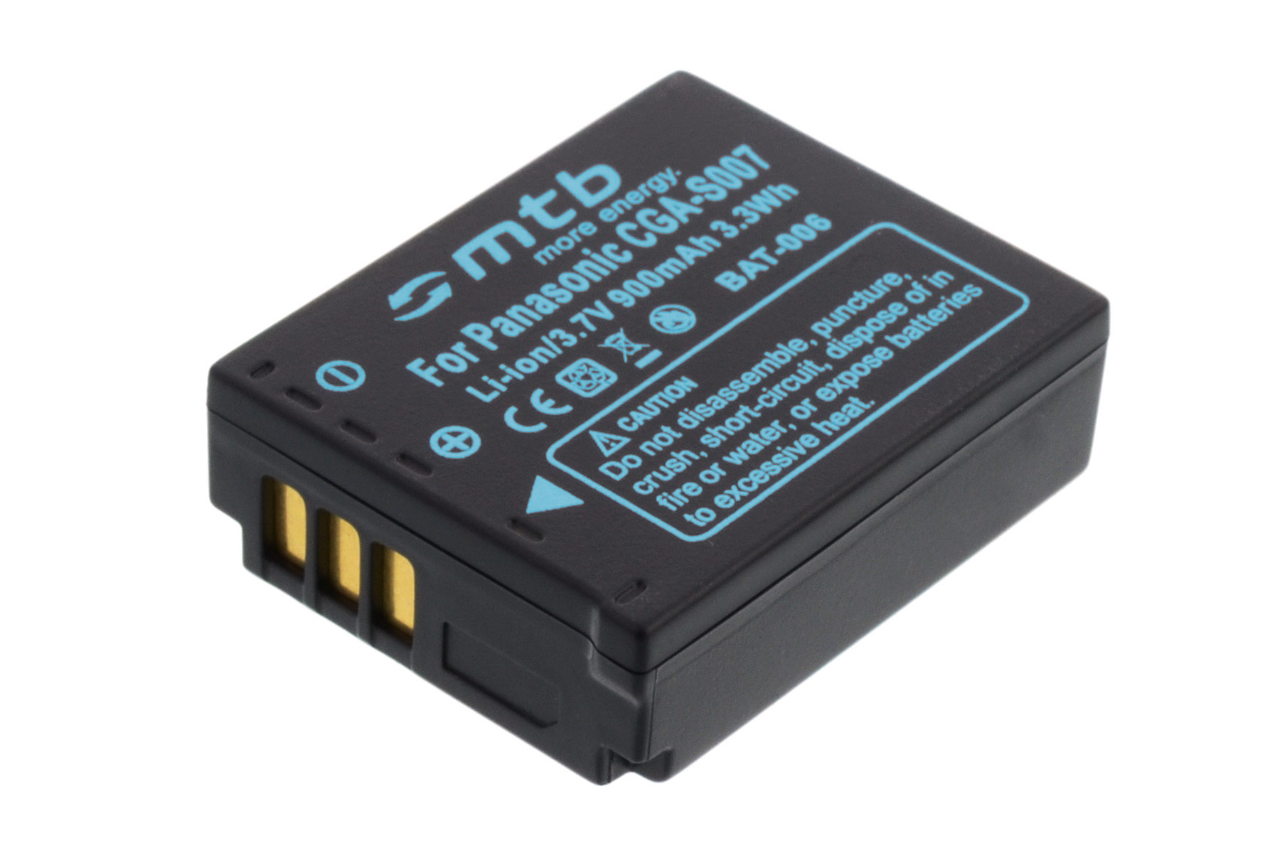 Ein schwarzer Panasonic CGA-S007 Akku mit Text und einem Warnhinweis auf weißem Hintergrund.