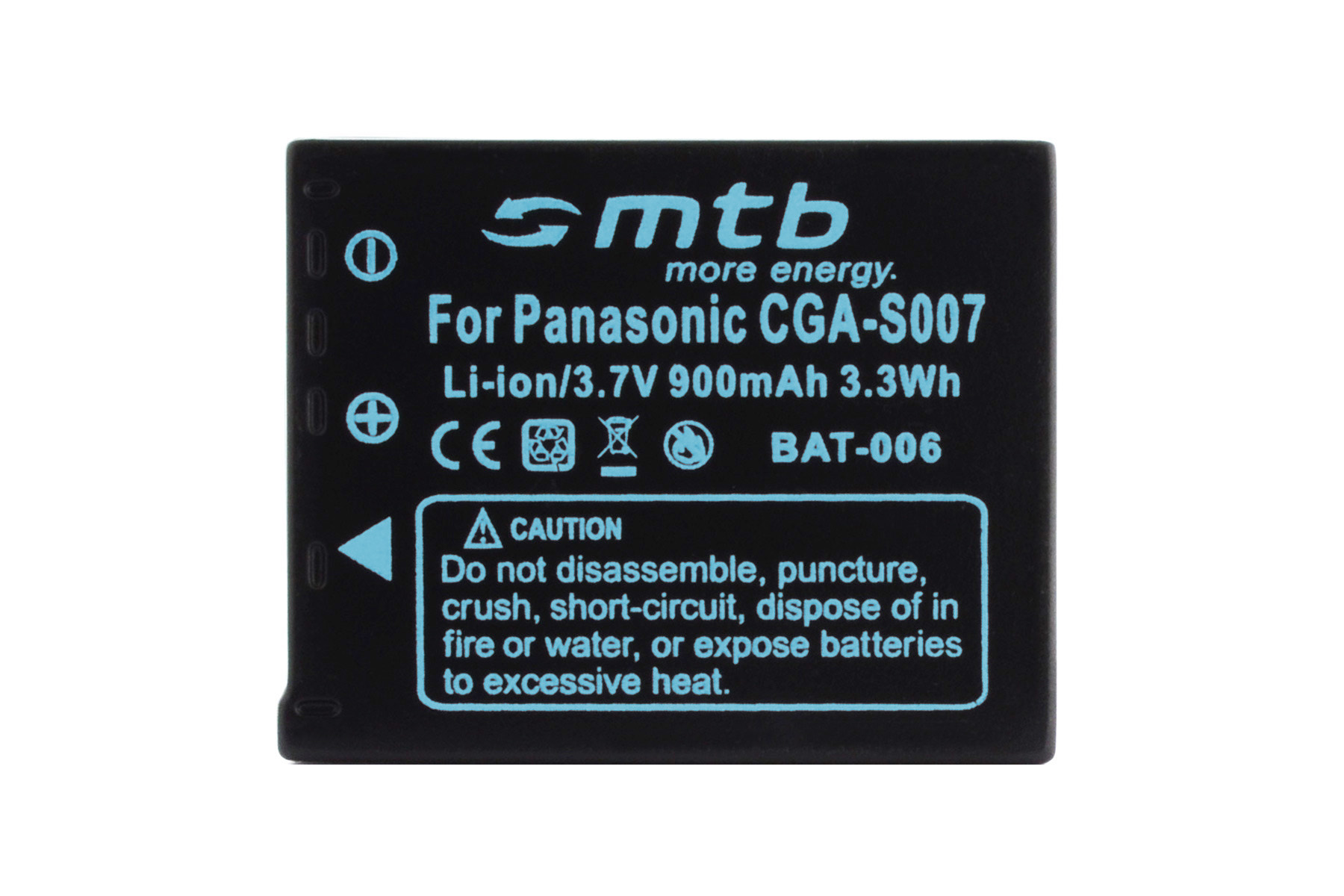 Eine schwarze Batterie mit weißem Text: 'For Panasonic CGA-S007'. Enthält Sicherheitshinweise.
