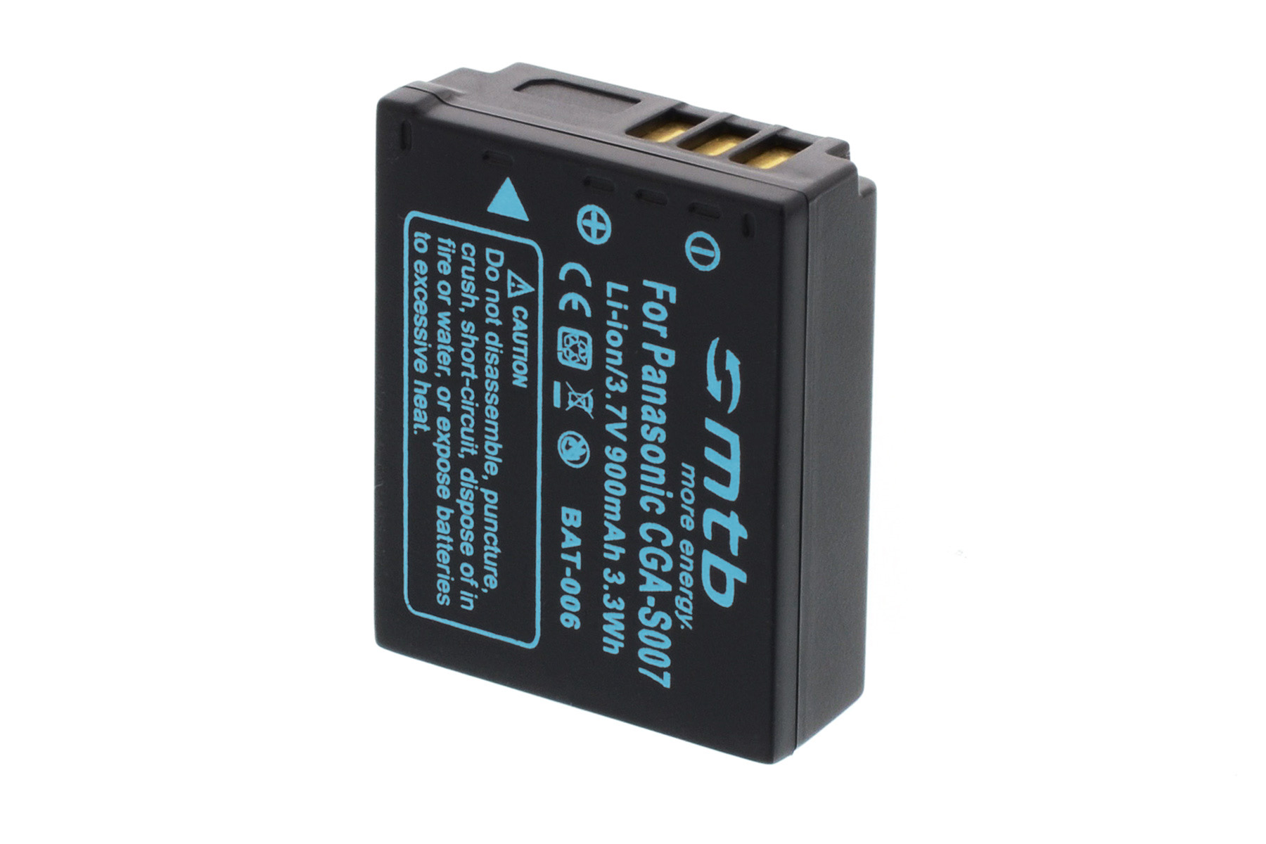 Schwarze Panasonic Batterie. Text: Für Panasonic CGA-S007 Li-Ion 3,7 V 900 mAh.