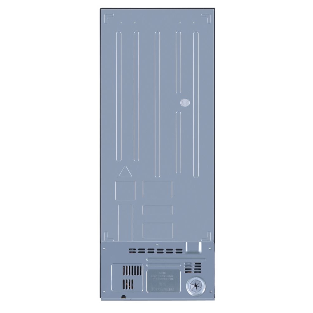 Parte trasera de un refrigerador, con un panel metálico con ventilación y un compresor en la parte inferior.