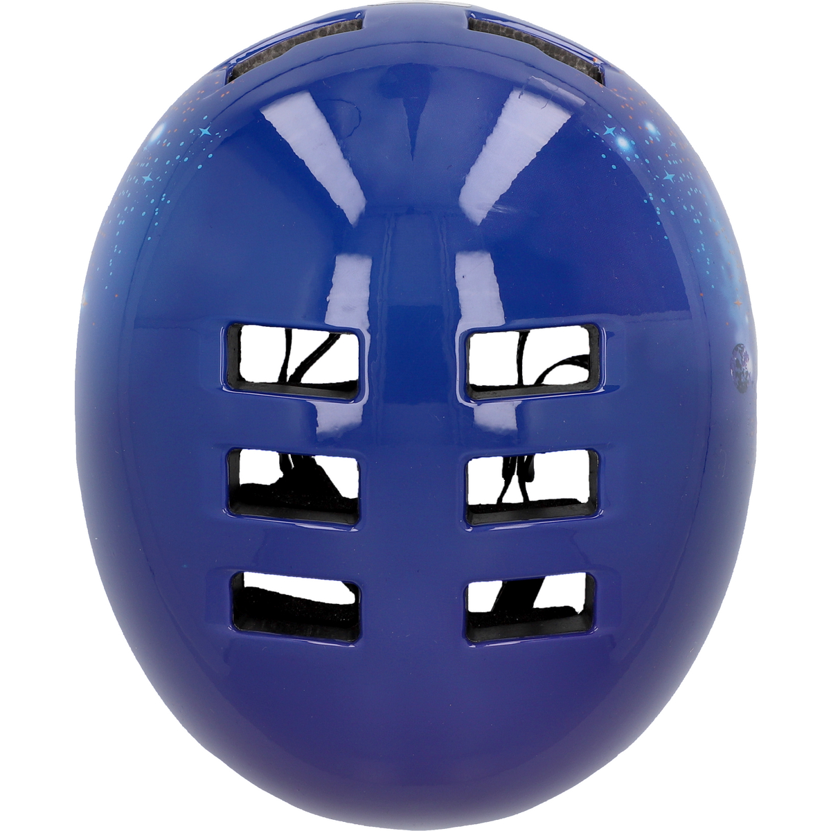 Ein blauer Fahrradhelm mit Lüftungslöchern, Draufsicht.