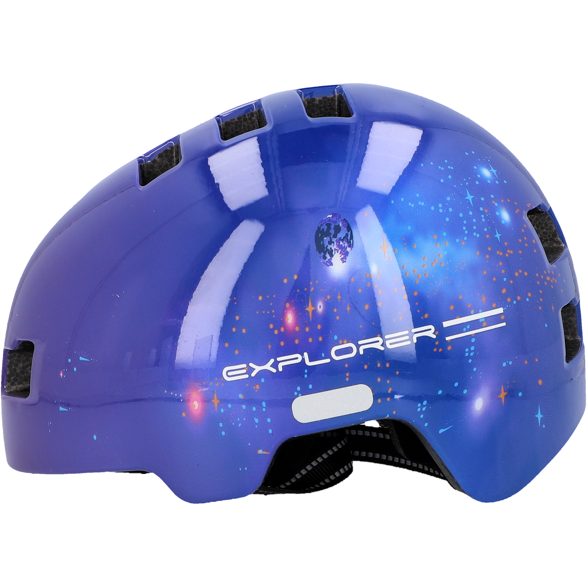 Blauer Fahrradhelm mit Galaxiedesign. Das Wort 'EXPLORER' ist sichtbar.