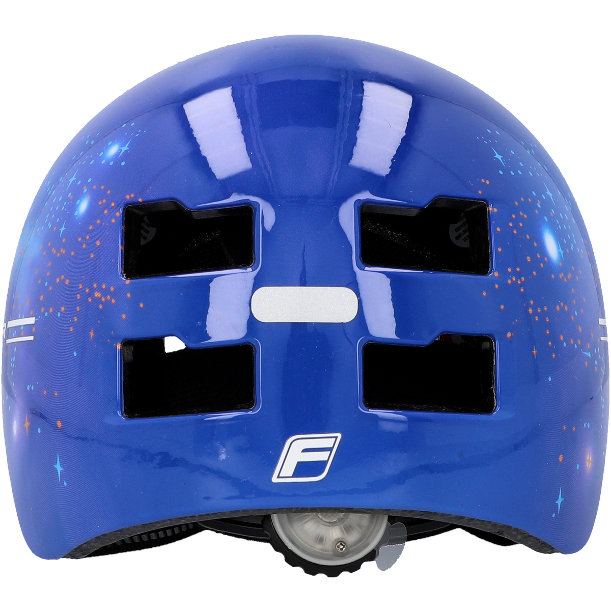 Blauer Kinderhelm, mit Sternen und Logo. Er hat Belüftungslöcher und ein Verstellrad.