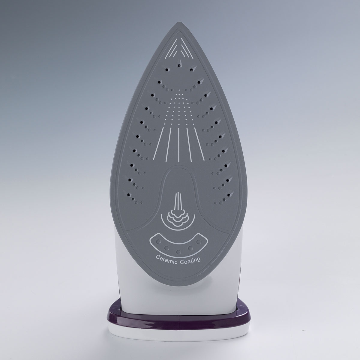 Base ferro bianca e viola, piastra grigia con fori, manico bianco.