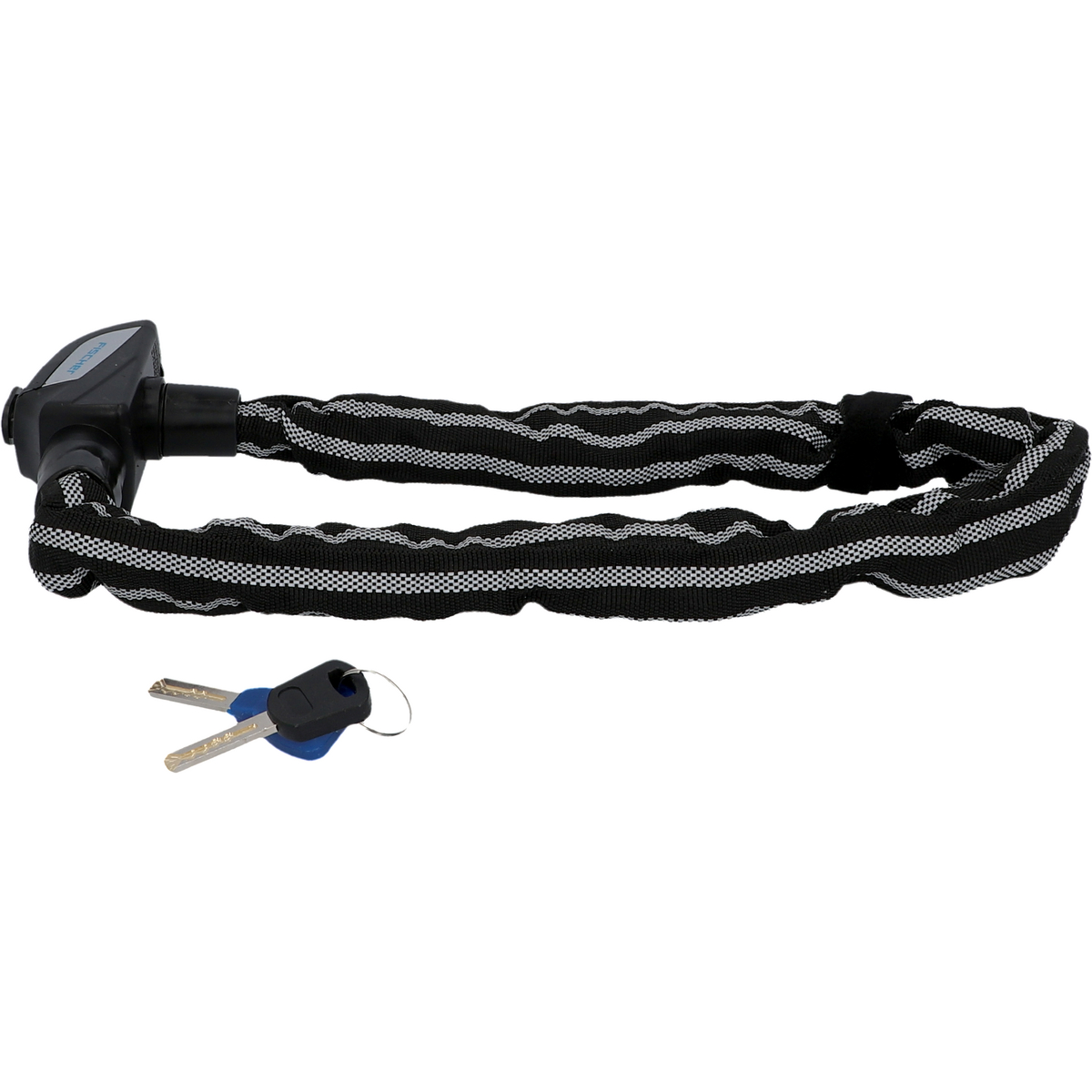 Lucchetto a catena bianco e nero per bicicletta, con chiavi. Il lucchetto è avvolto in una copertura di tessuto.
