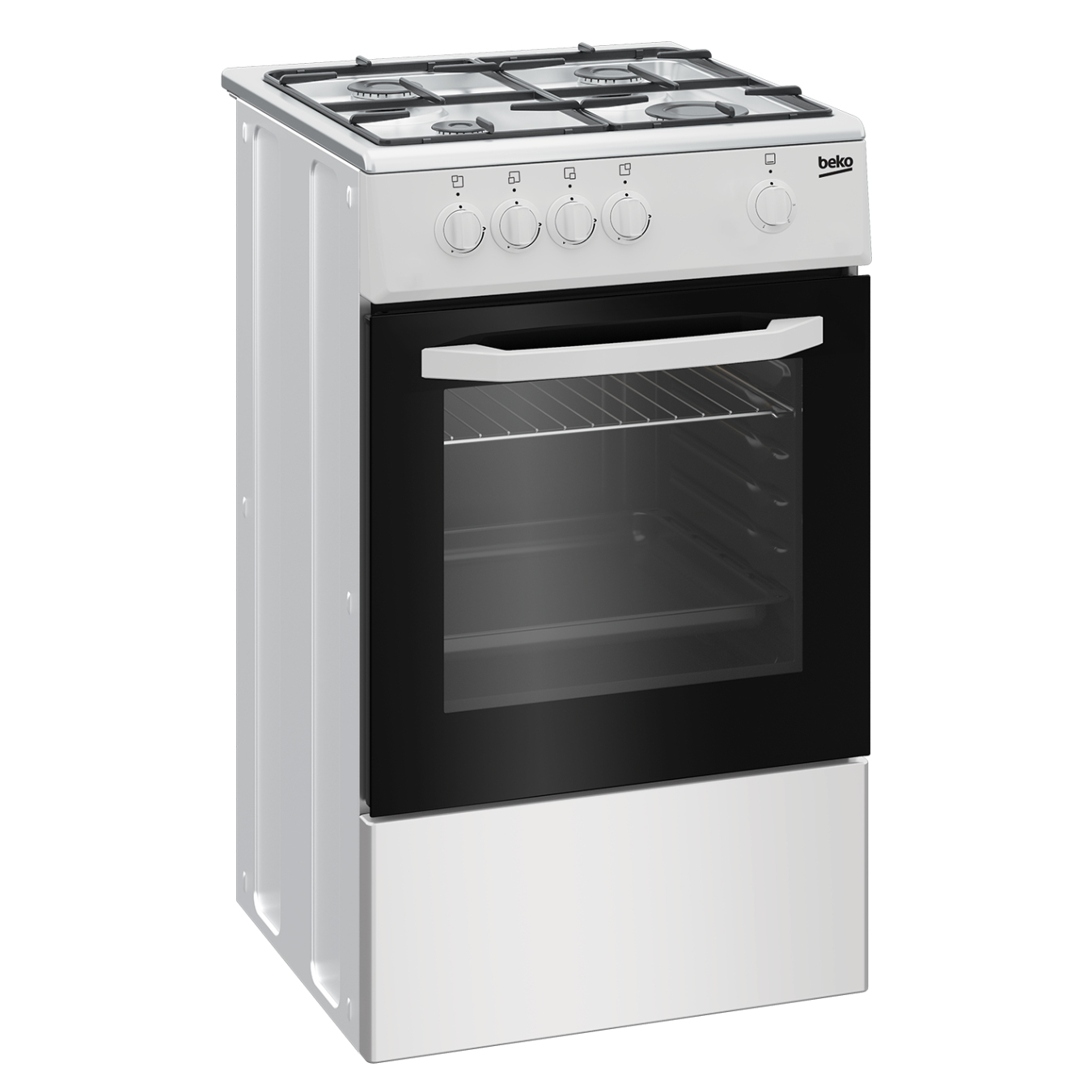 Fornello a gas Beko bianco con quattro fuochi e forno. Manopole e porta del forno visibili.