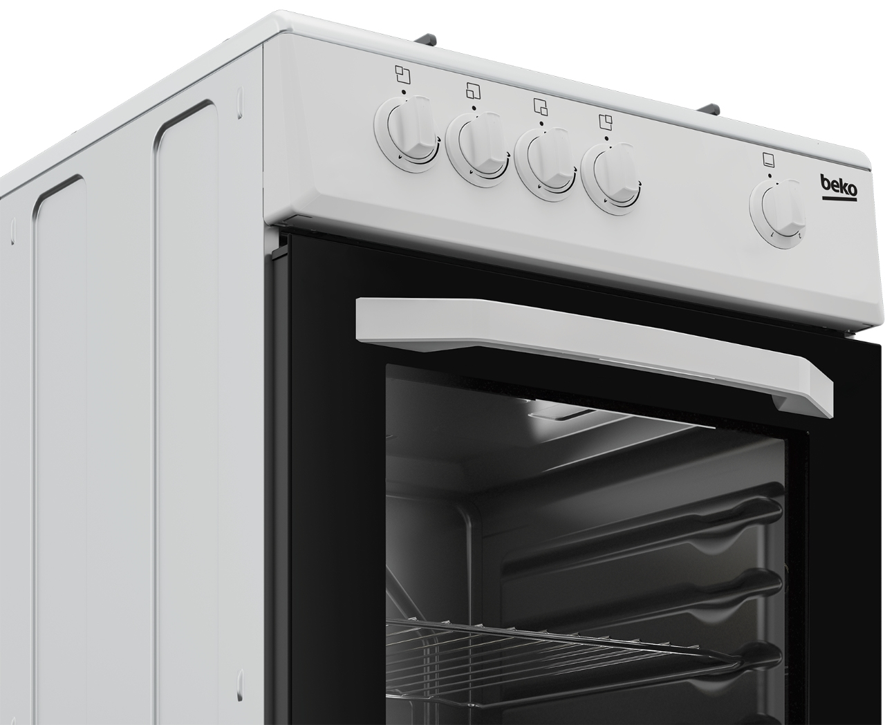 Forno bianco con porta in vetro nero. Manopole in alto. Marchio Beko a destra.