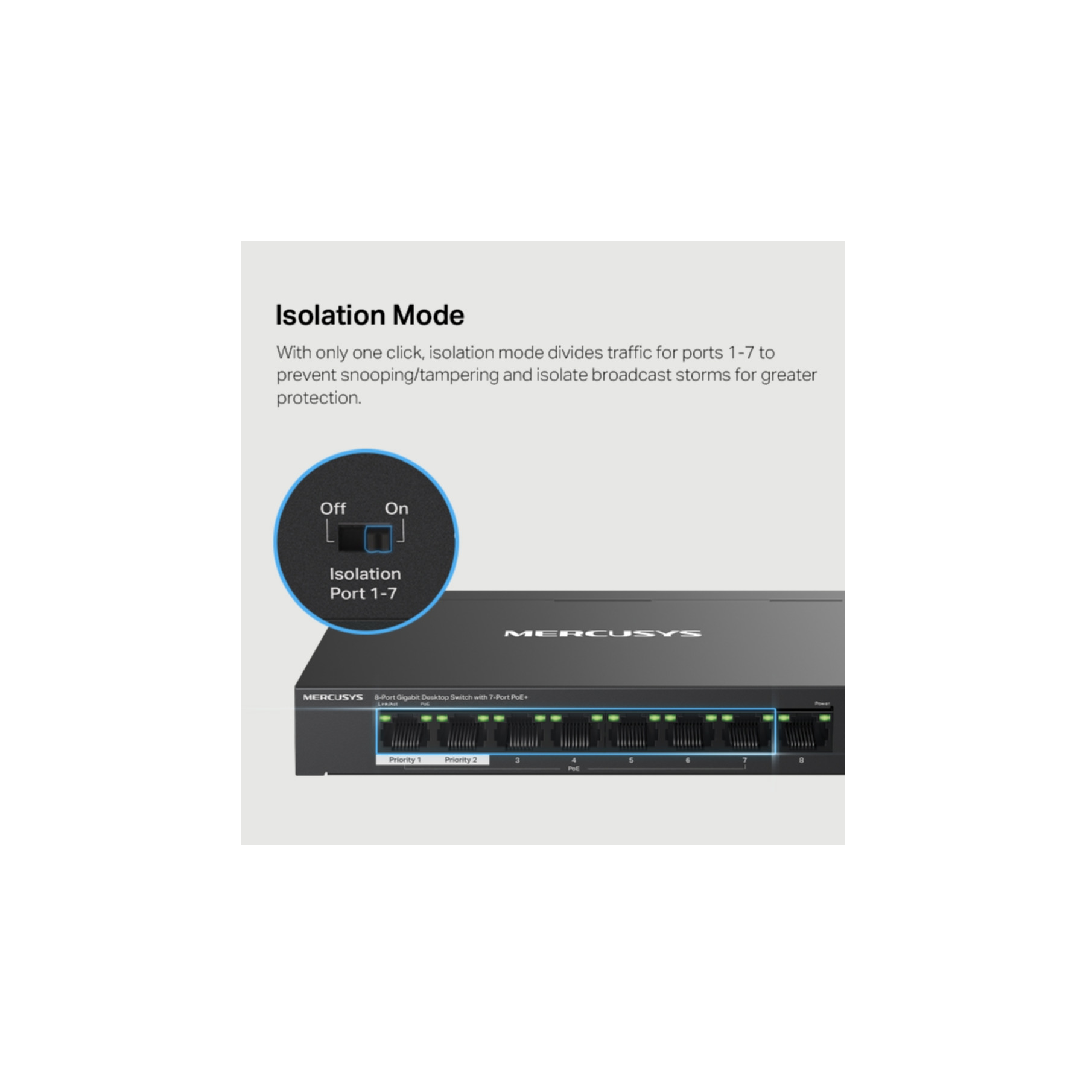 Netzwerk-Switch mit Isolation Mode. Schwarzes Gerät, blauer Knopf, Text-Overlay.
