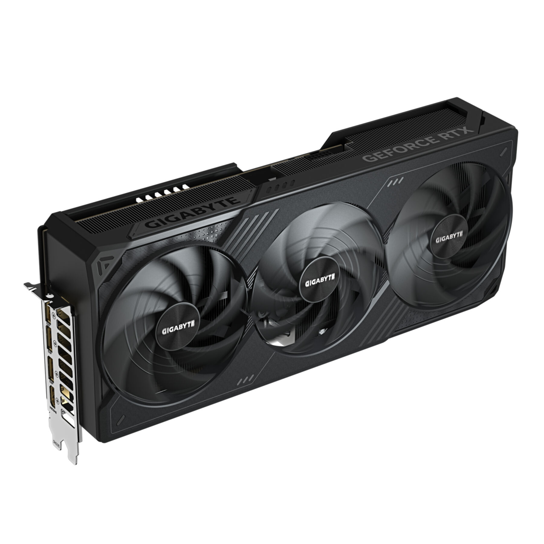 Black Gigabyte GeForce RTX graphics card. Three fans, silver ports, and Gigabyte logo.
