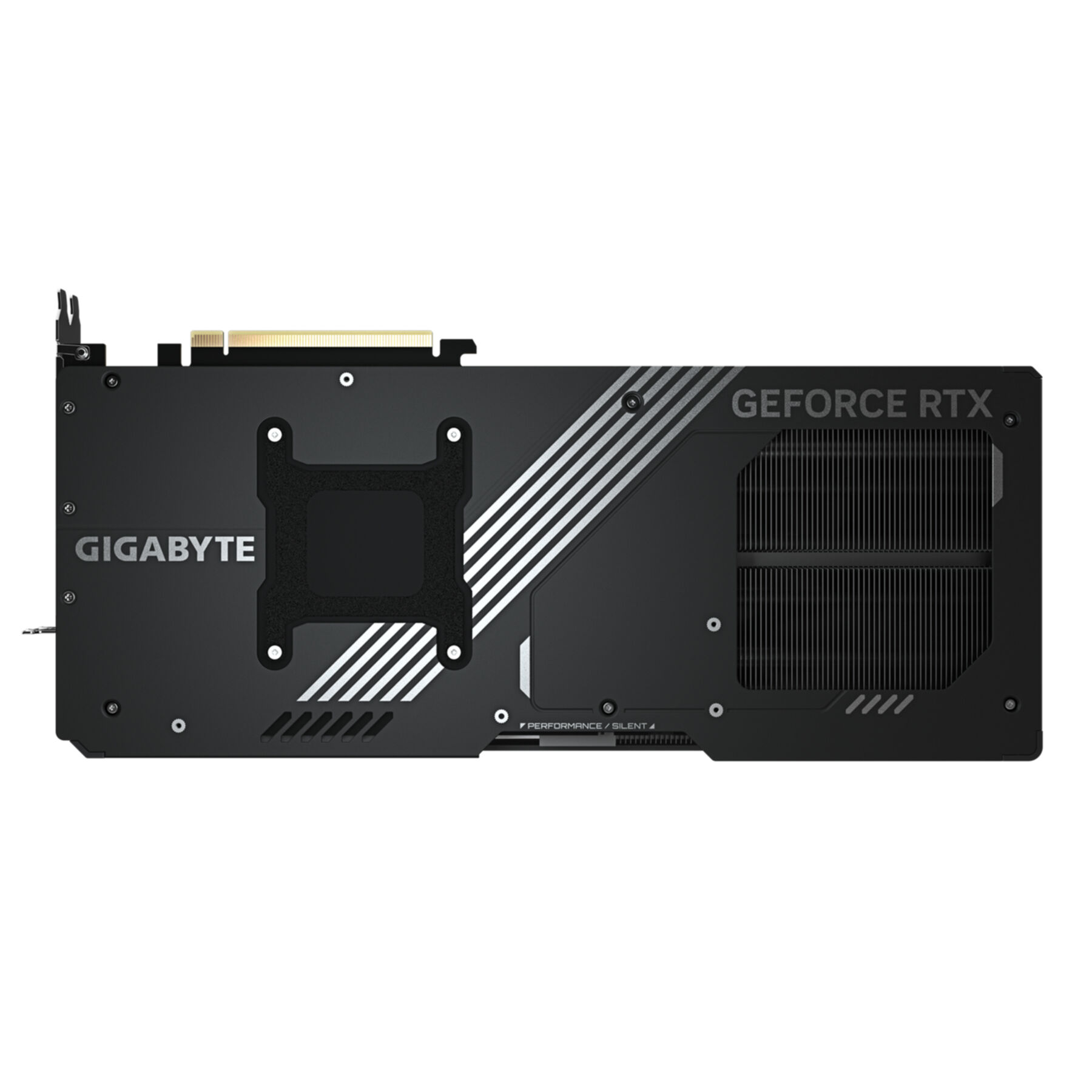 Close-up of a Gigabyte GeForce RTX graphics card backplate, with details and vents.