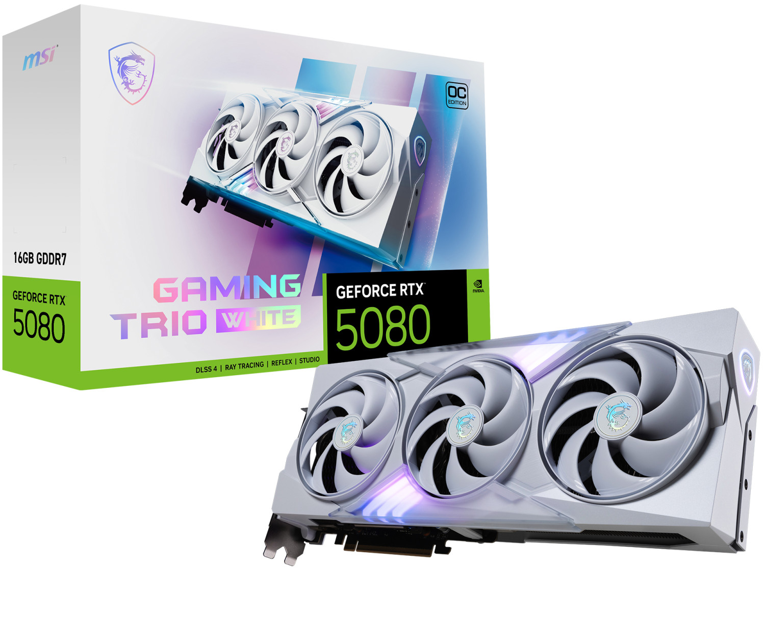 MSI Gaming Trio White GeForce RTX 5080 grafische kaart en de doos. Witte ventilatoren en details.